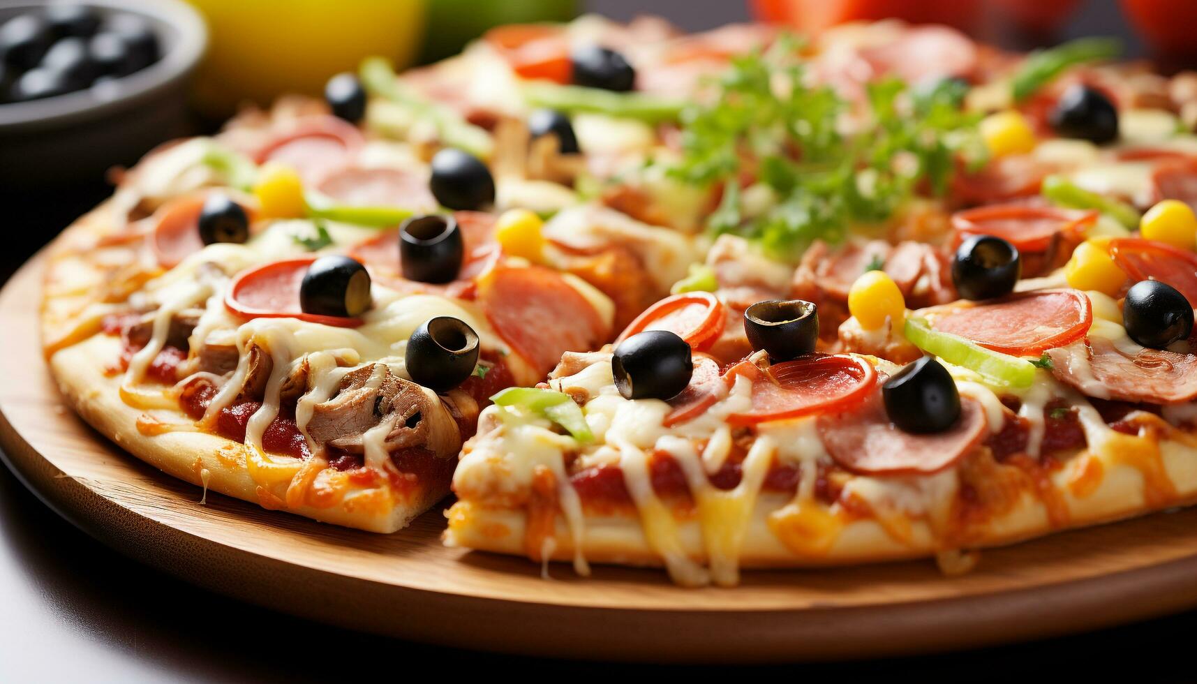 ai genererad friskhet och gourmet pizza på trä- tabell genererad förbi ai foto