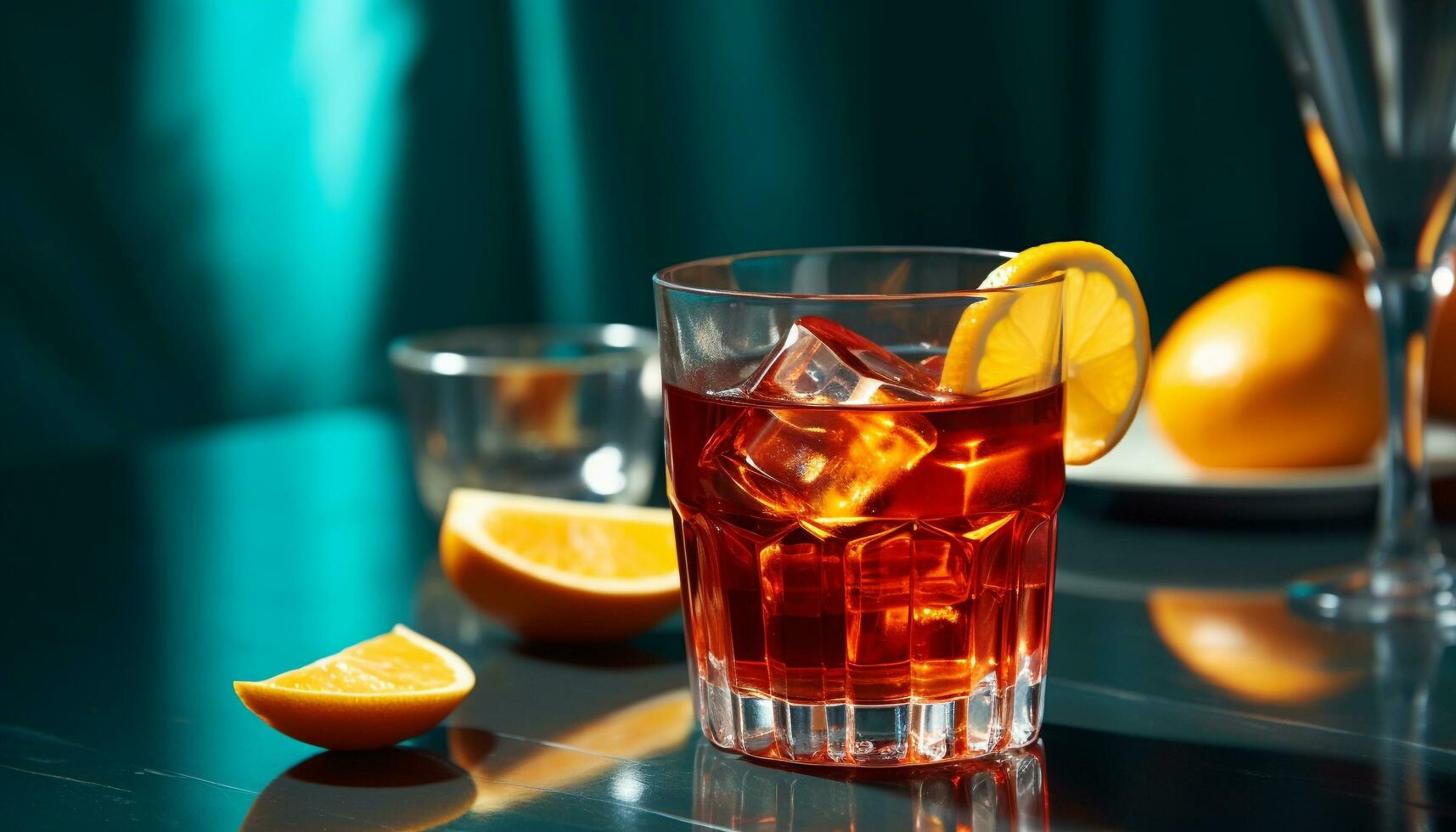 ai genererad uppfriskande cocktail på trä- tabell, glas med is genererad förbi ai foto