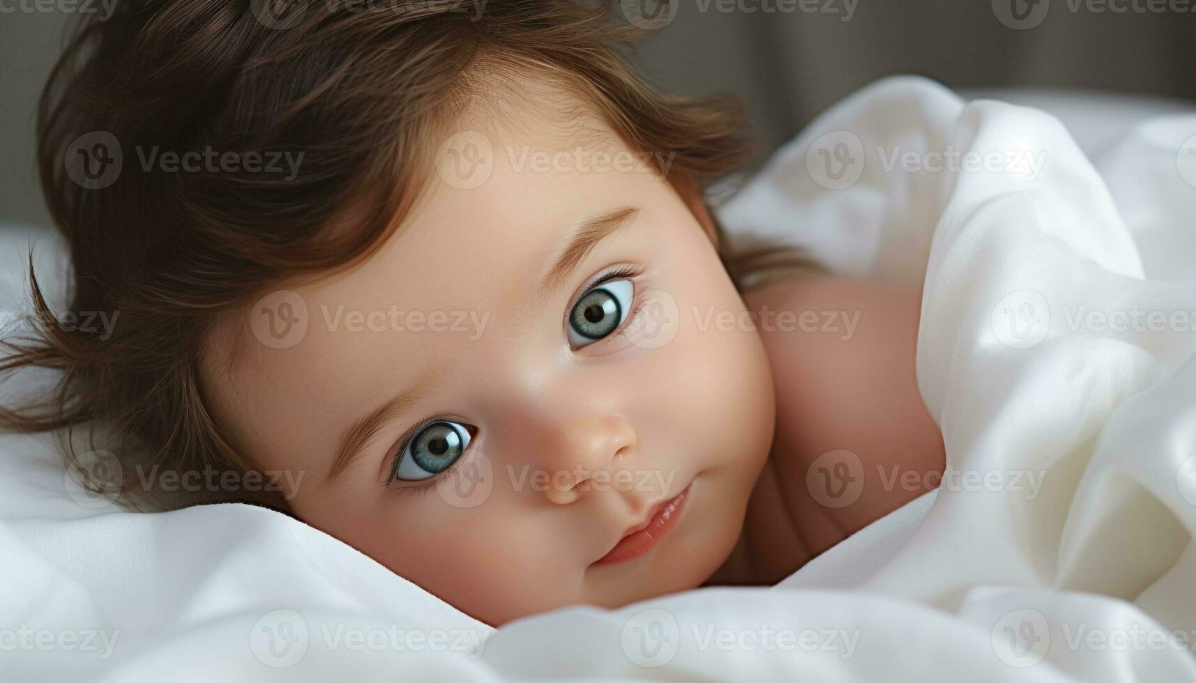 ai genererad söt bebis pojke med oskyldig leende på säng genererad förbi ai foto