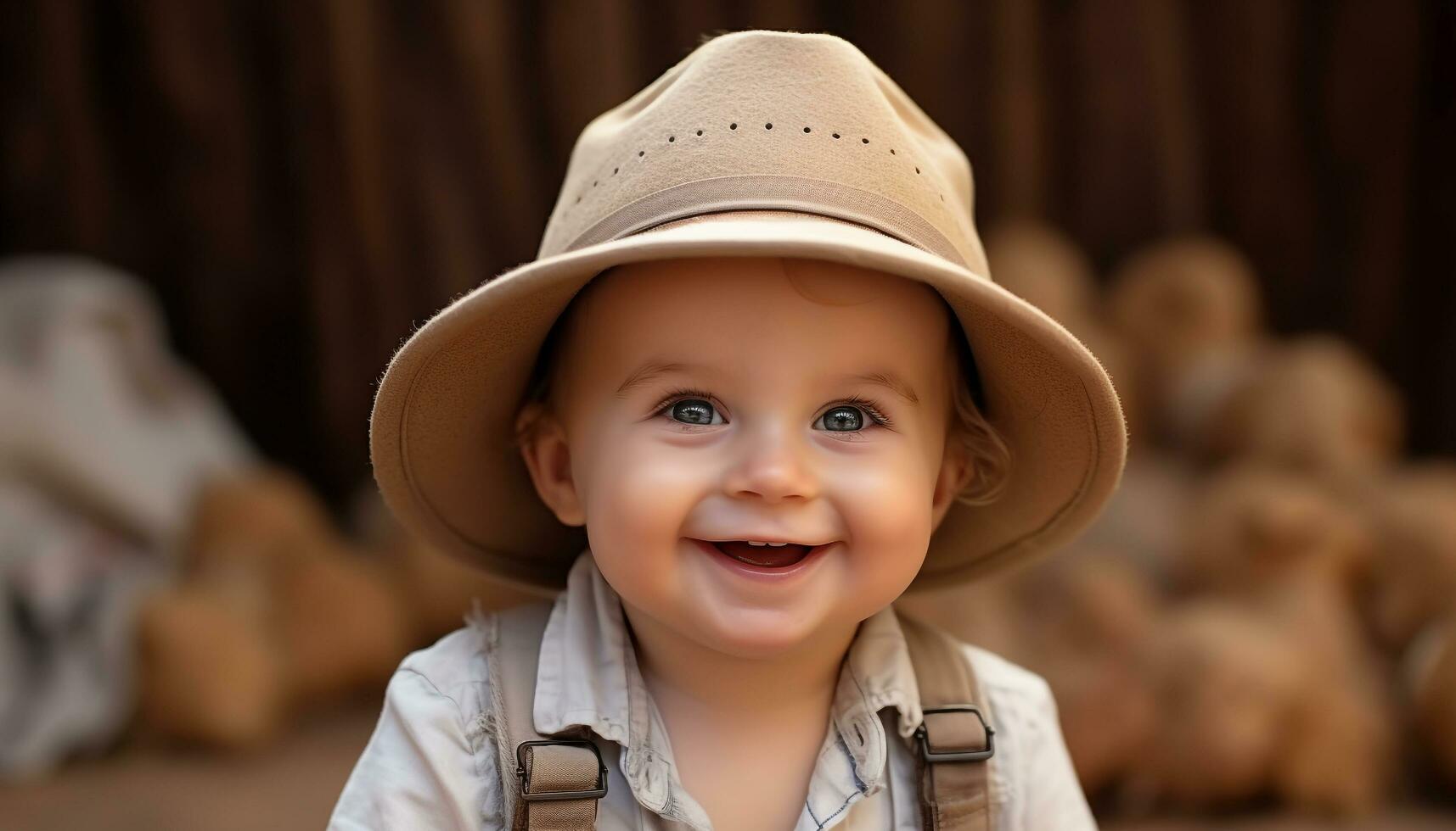 ai genererad leende söt bebis pojke njuter natur utomhus genererad förbi ai foto