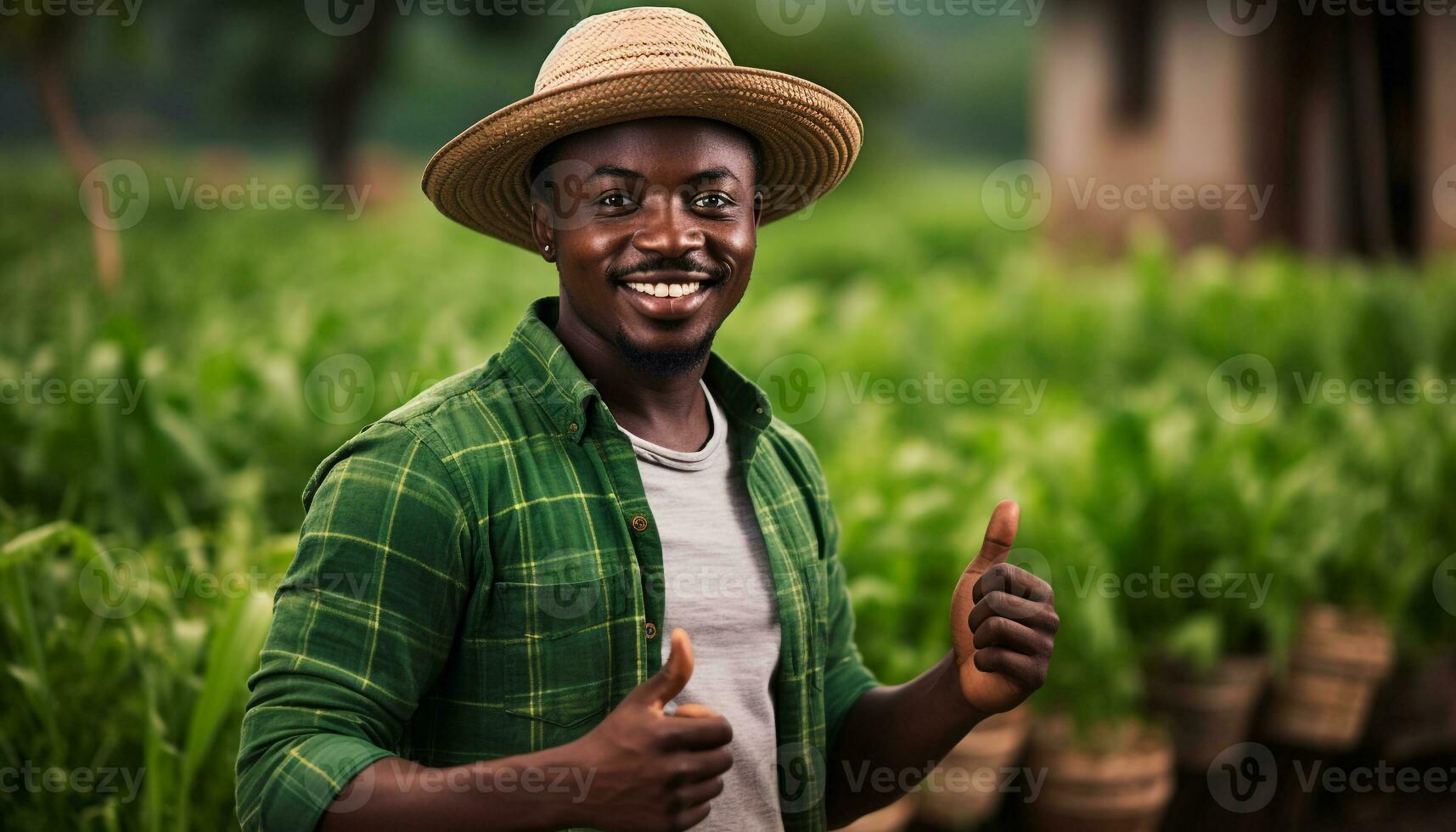 ai genererad leende man i natur, ser på kamera självsäkert genererad förbi ai foto