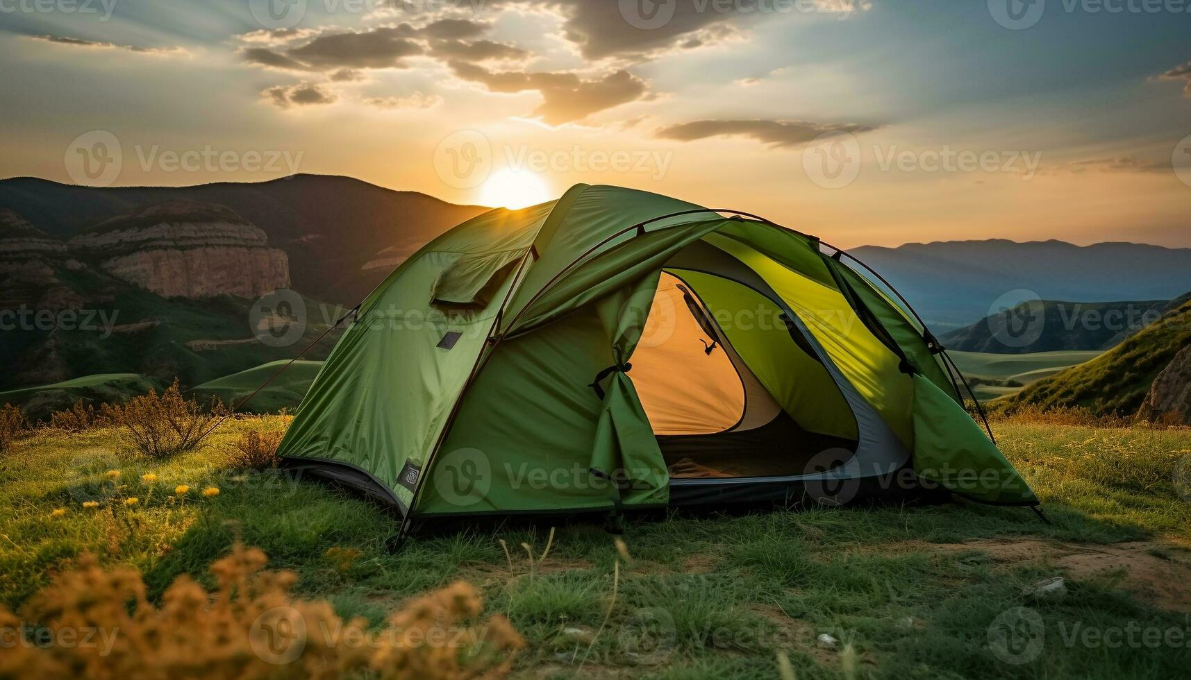 ai genererad camping äventyr i natur, berg, tält, solnedgång genererad förbi ai foto