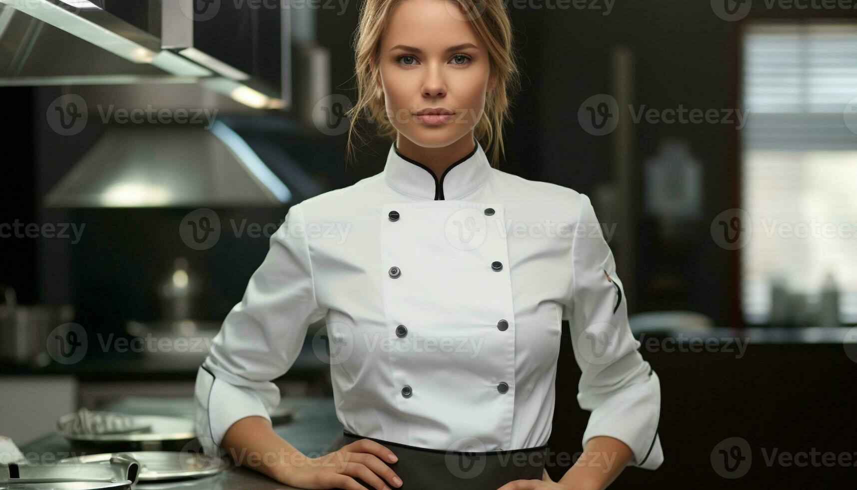 ai genererad ung vuxen kvinna kock i kök, självsäkert matlagning genererad förbi ai foto