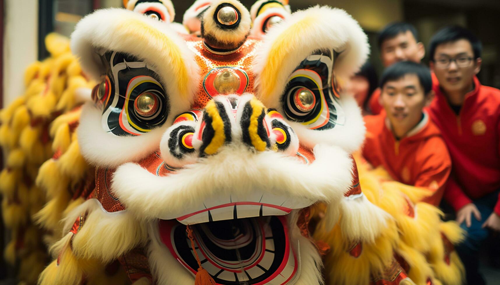 ai genererad kinesisk kultur firar traditionell festivaler med färgrik drake masker genererad förbi ai foto