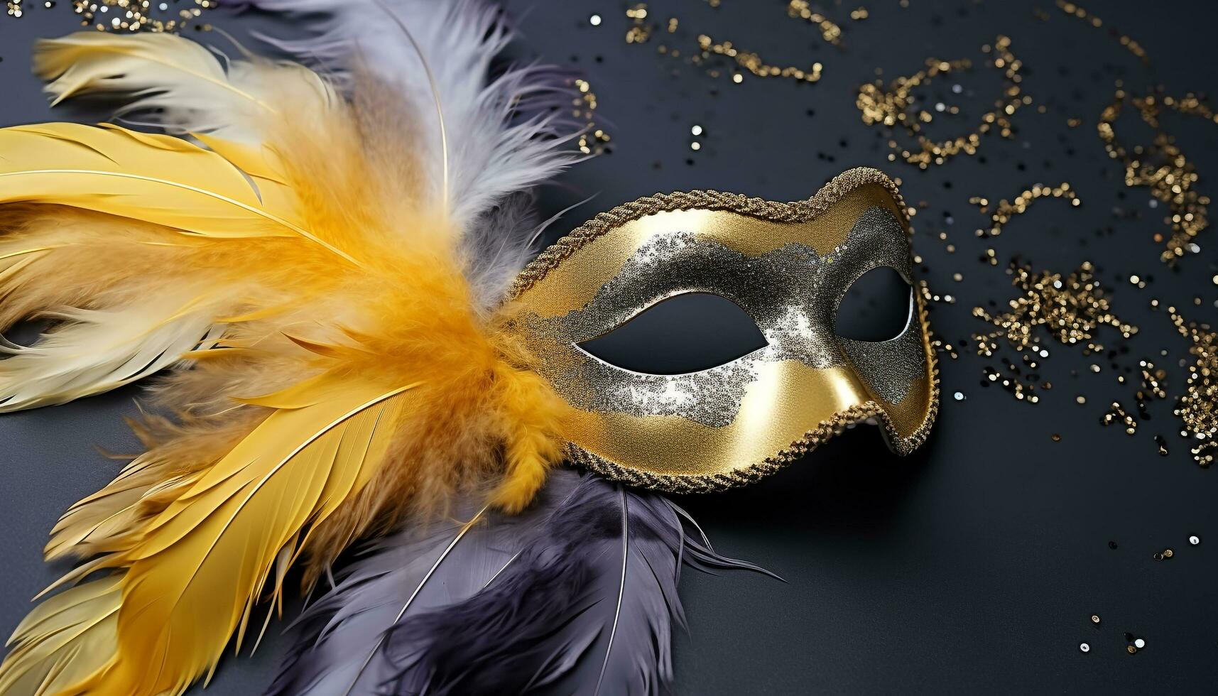 ai genererad befjädrad mask lägger till mysterium till glamorös mardi gras genererad förbi ai foto