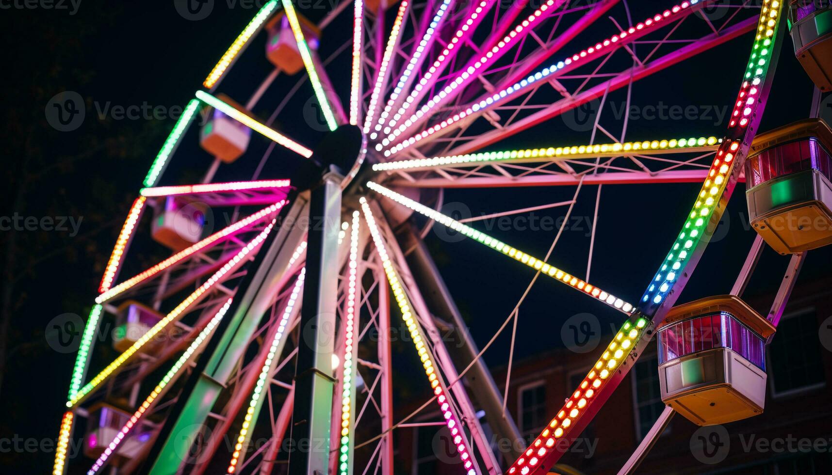 ai genererad spinning hjul av glädje, vibrerande färger belysa natt genererad förbi ai foto