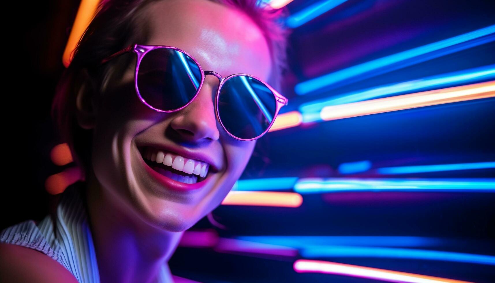 ai genererad leende kvinna körning på natt med solglasögon genererad förbi ai foto