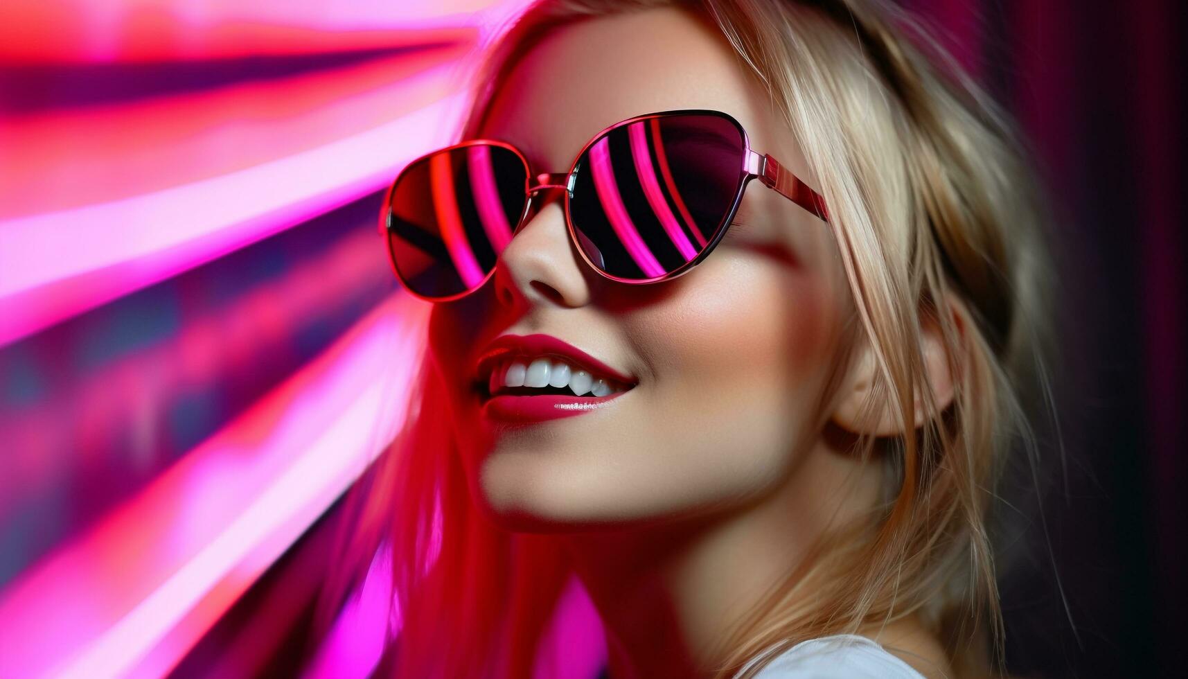 ai genererad leende kvinna med solglasögon utstrålar skönhet och elegans genererad förbi ai foto