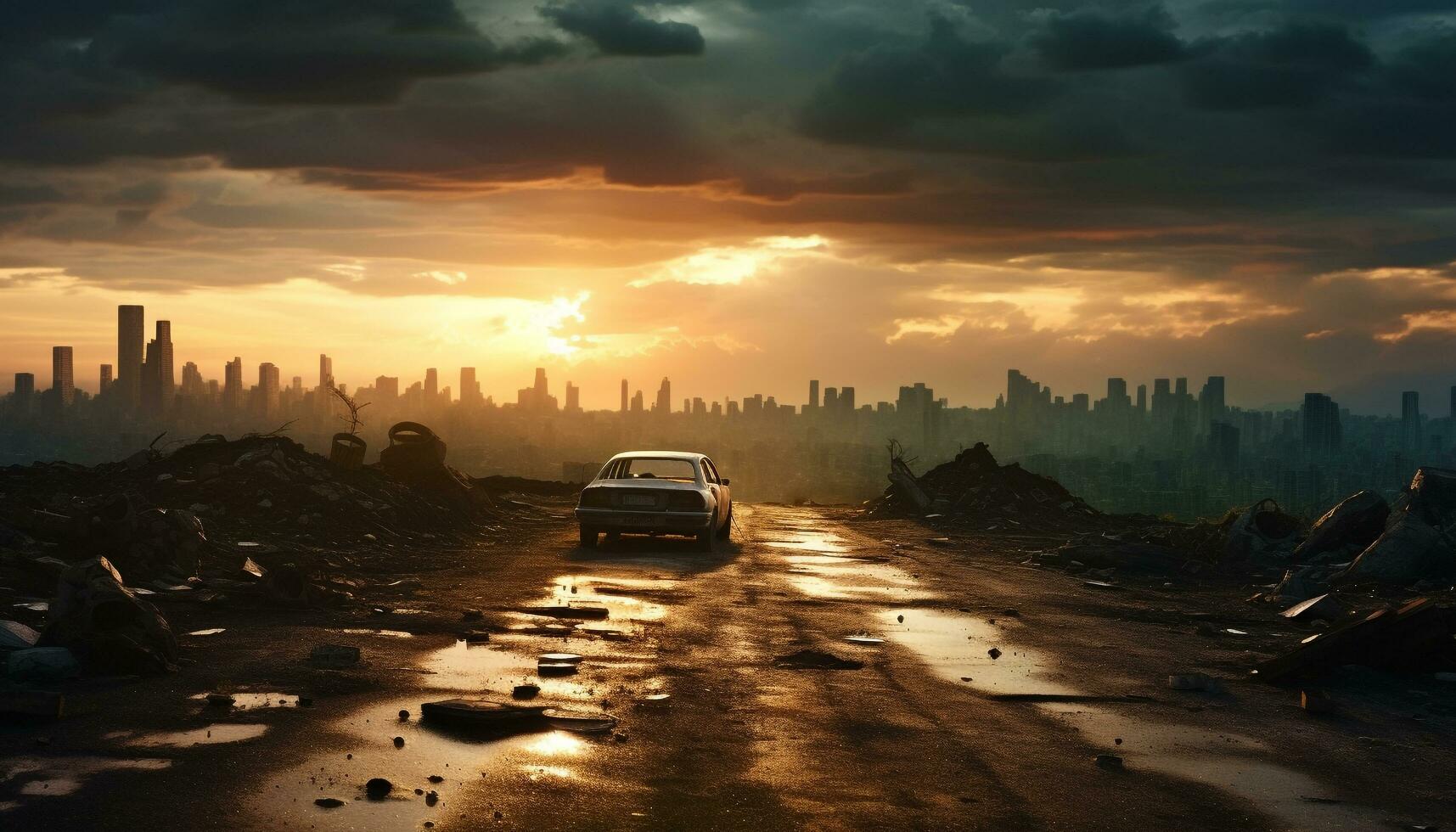 ai genererad smutsig stadsbild, skyskrapor reflektera solnedgång på bruten asfalt genererad förbi ai foto