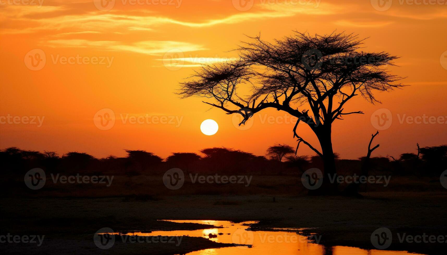 ai genererad solnedgång över afrikansk savann, natur skönhet i silhuett genererad förbi ai foto