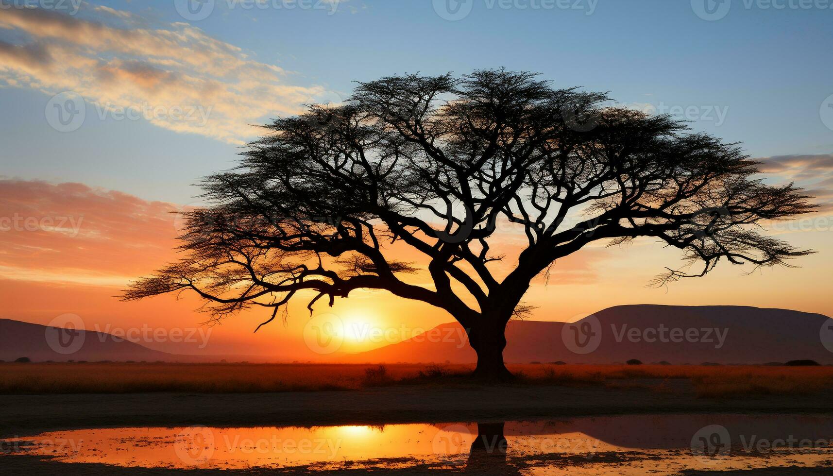 ai genererad silhuett av akacia träd i afrikansk solnedgång genererad förbi ai foto