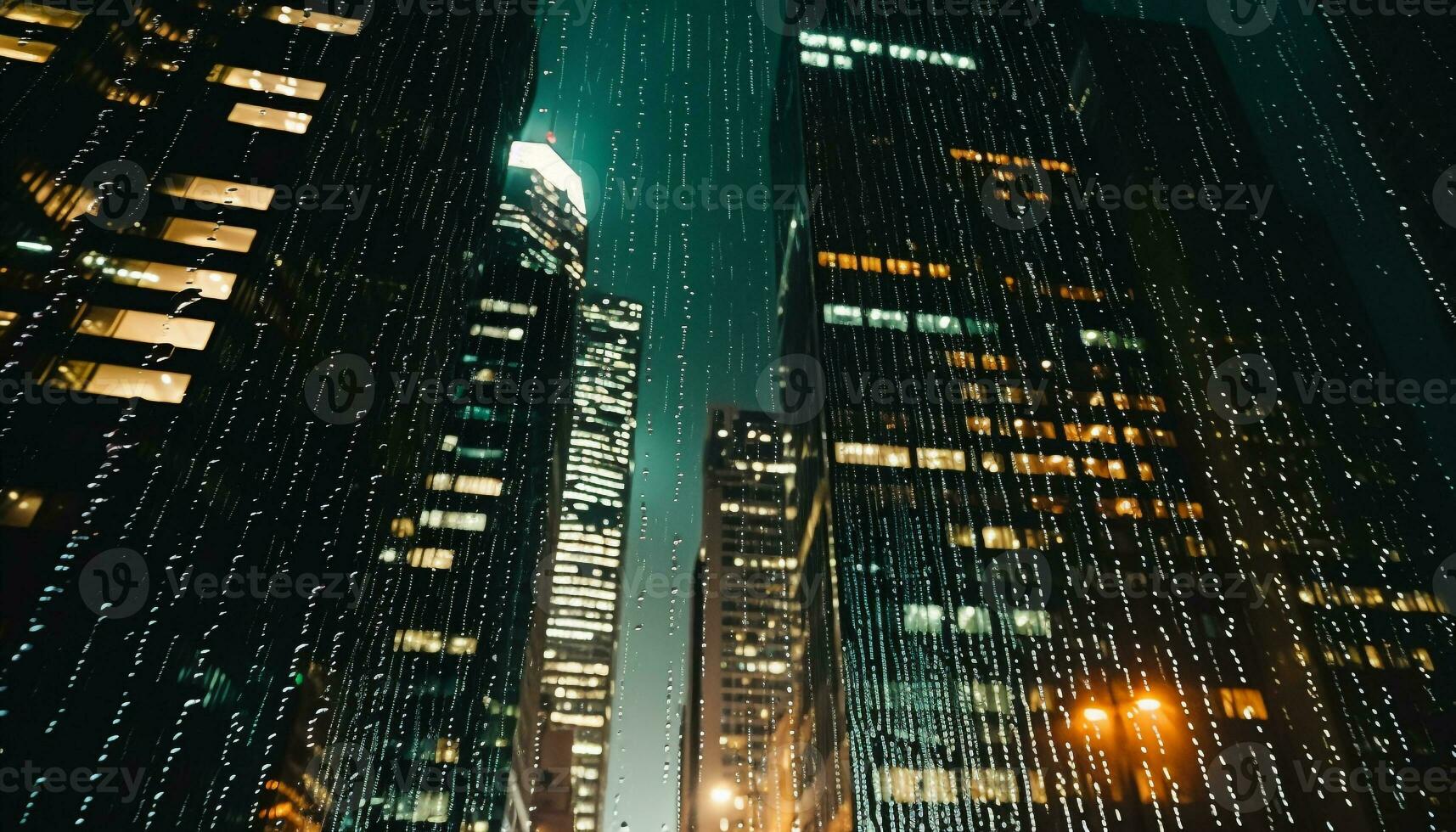 ai genererad skyskrapa stadsbild på natt, upplyst med vibrerande färger genererad förbi ai foto