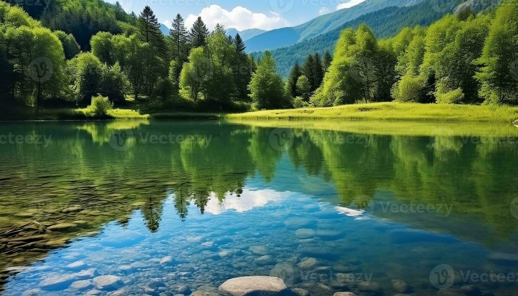 ai genererad majestätisk berg topp speglar i lugn damm genererad förbi ai foto