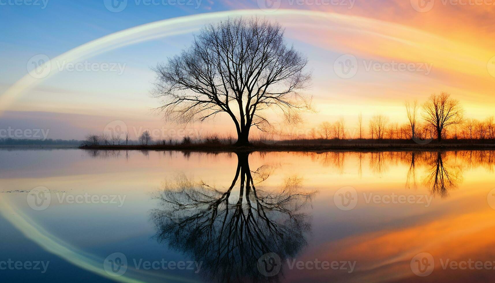 ai genererad silhuett av träd speglar lugn solnedgång på vatten genererad förbi ai foto
