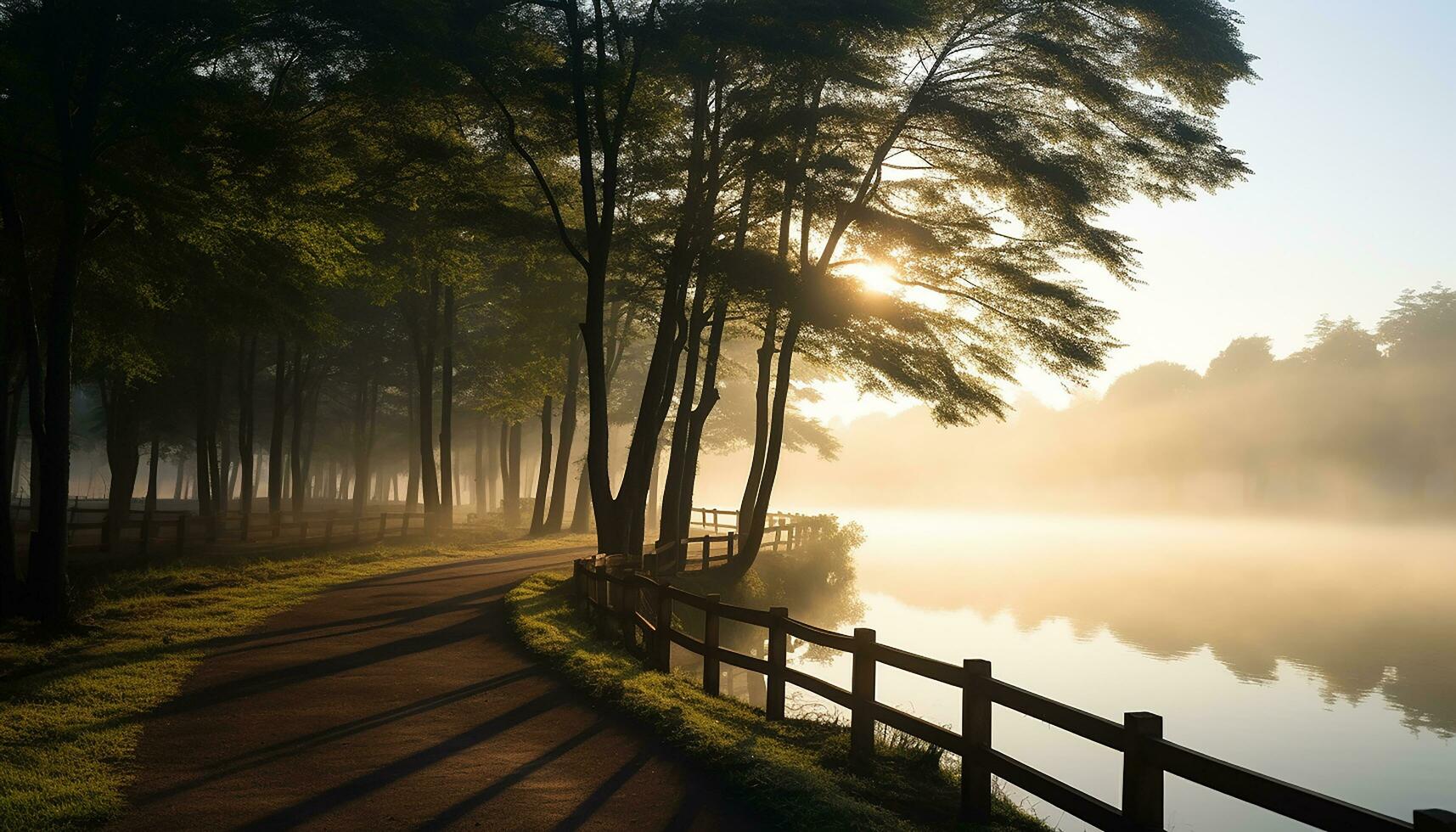 ai genererad lugn scen, solnedgång över skog, reflekterande på vatten genererad förbi ai foto