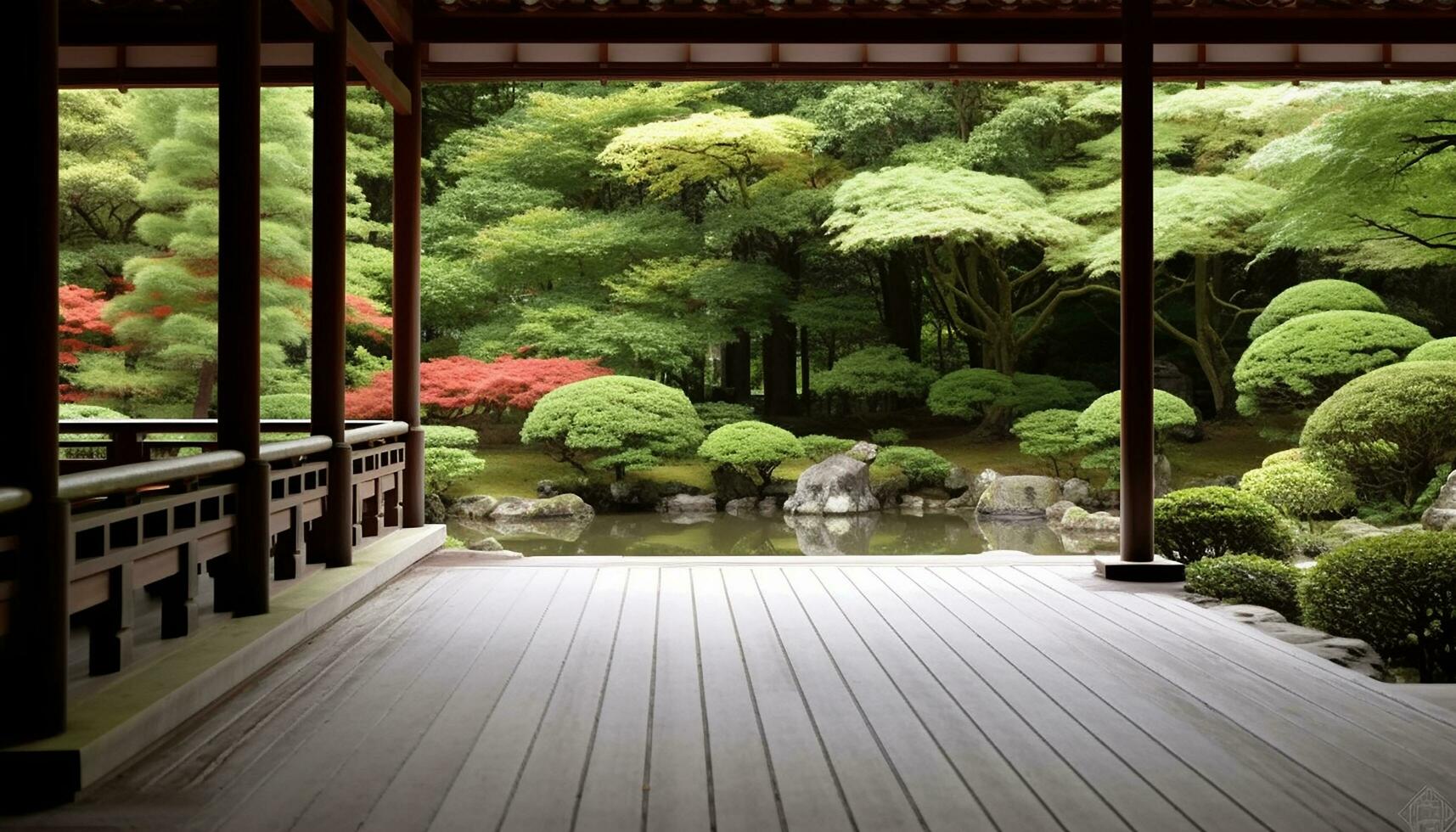 ai genererad lugn japansk trädgård, grön träd, bambu, och damm genererad förbi ai foto