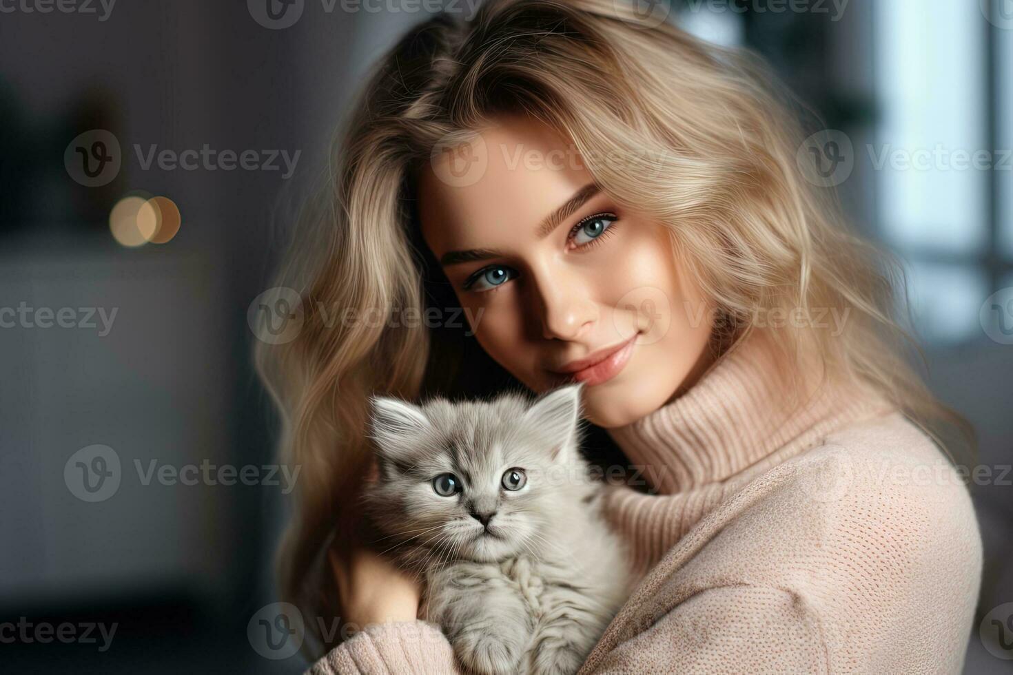 ai genererad Söt ung kvinna med blond hår kramas en fluffig grå kattunge foto