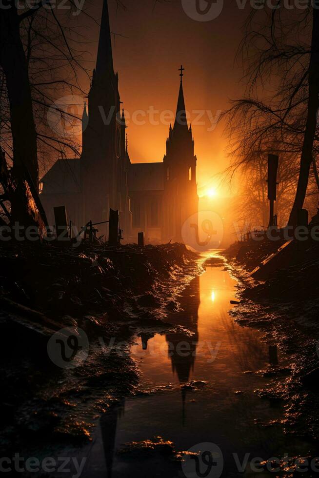 ai genererad vertikal bild landskap med en ensam förstörd övergiven kyrka på solnedgång foto