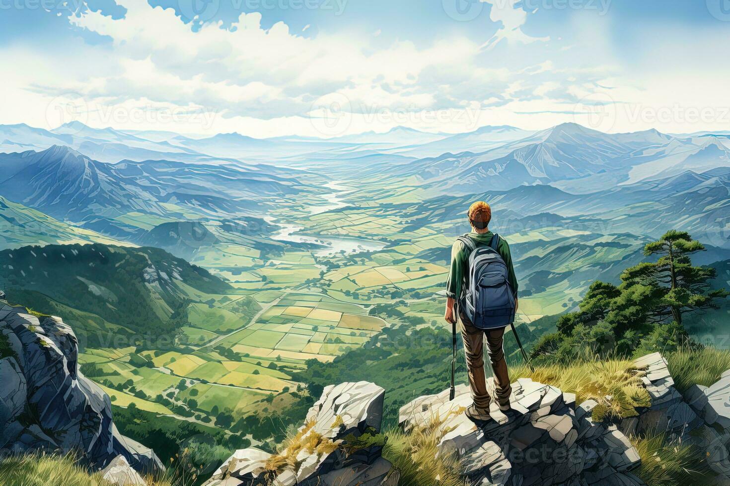 ai genererad vattenfärg illustration av en vandrare ser på en berg och fält i dal tillbaka se foto