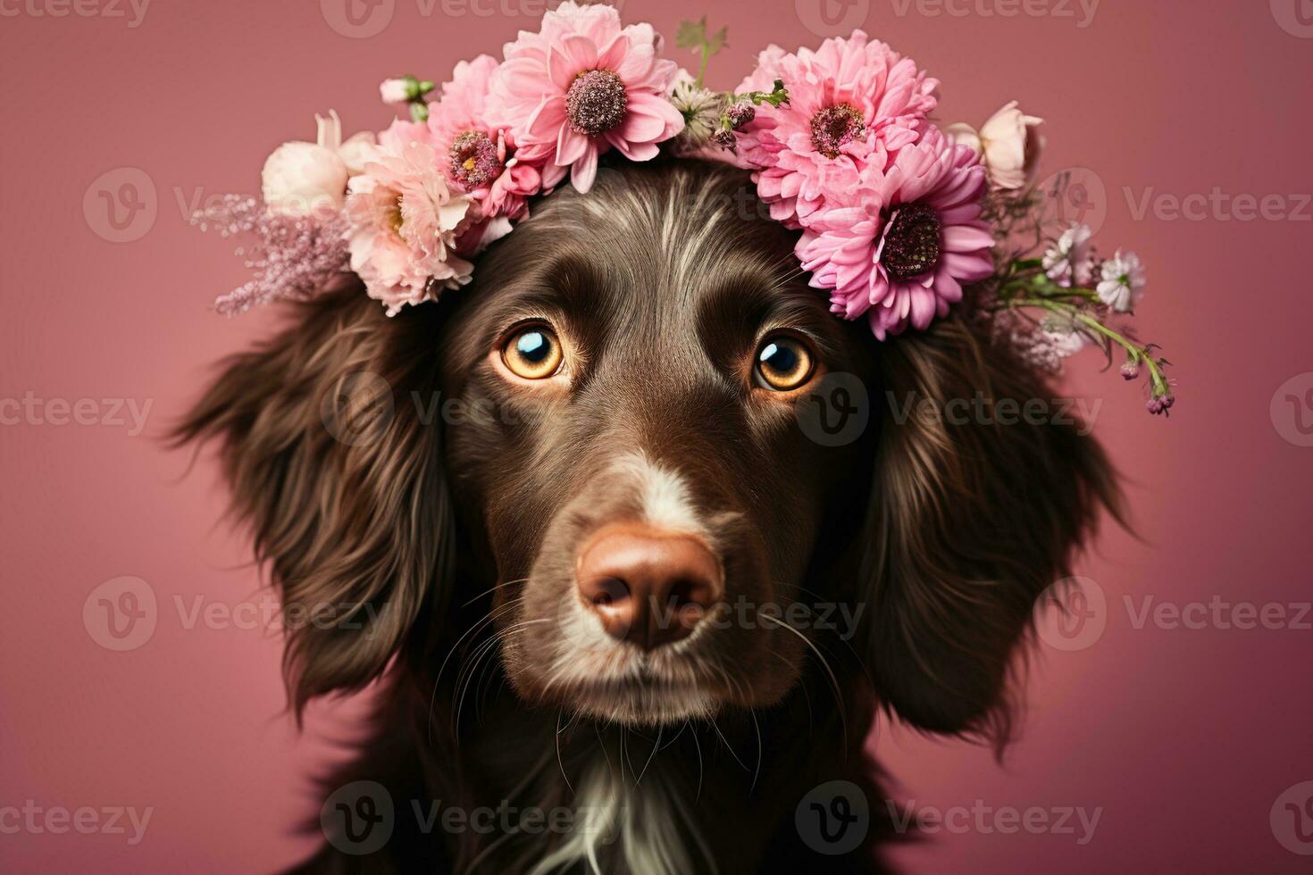 ai genererad brun spaniel hund med blommor på huvud på en rosa bakgrund foto