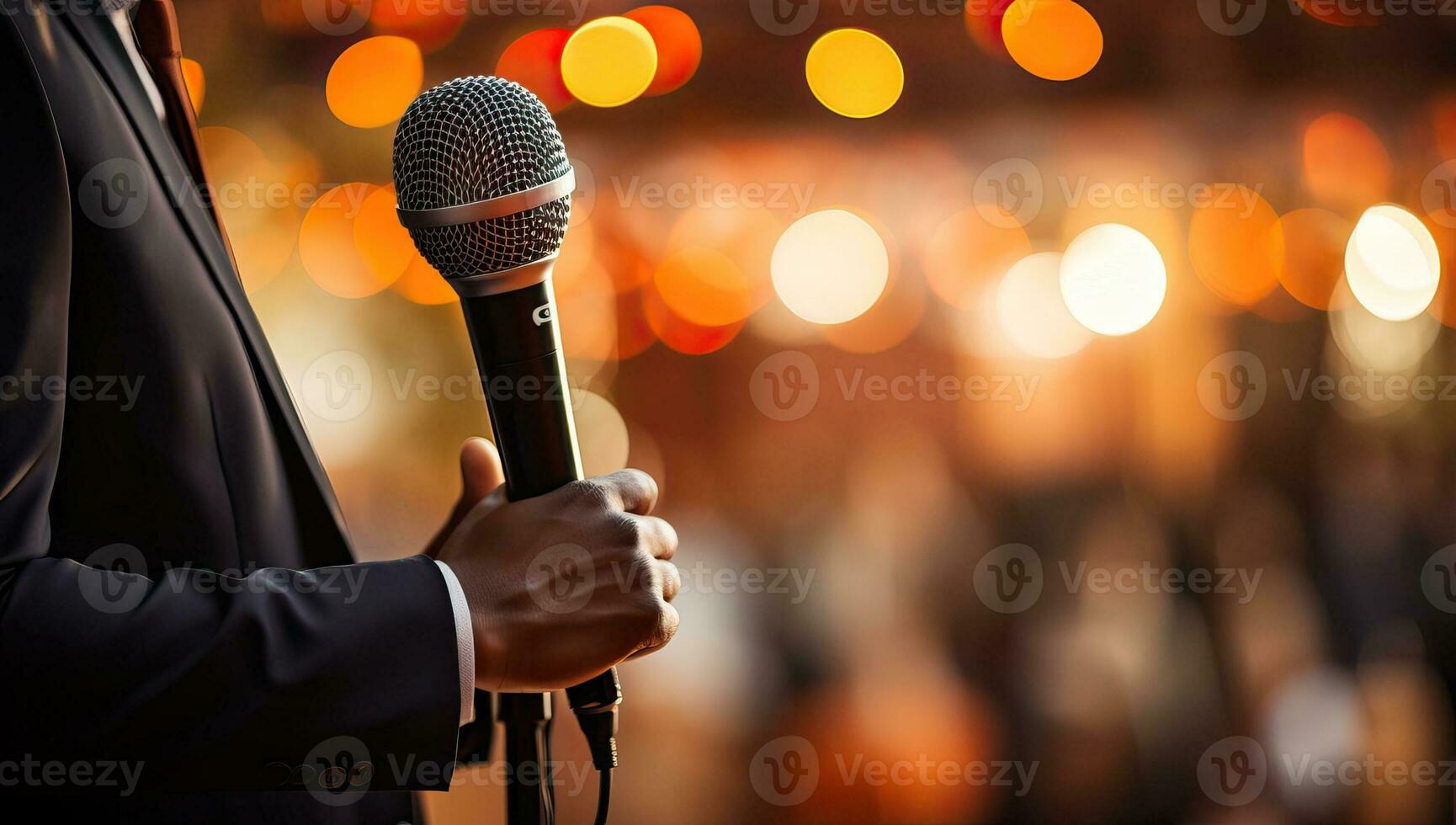 ai genererad manlig hand innehav mikrofon i konsert hall eller konferens rum. affärsman tala på skede. ai genererad. foto