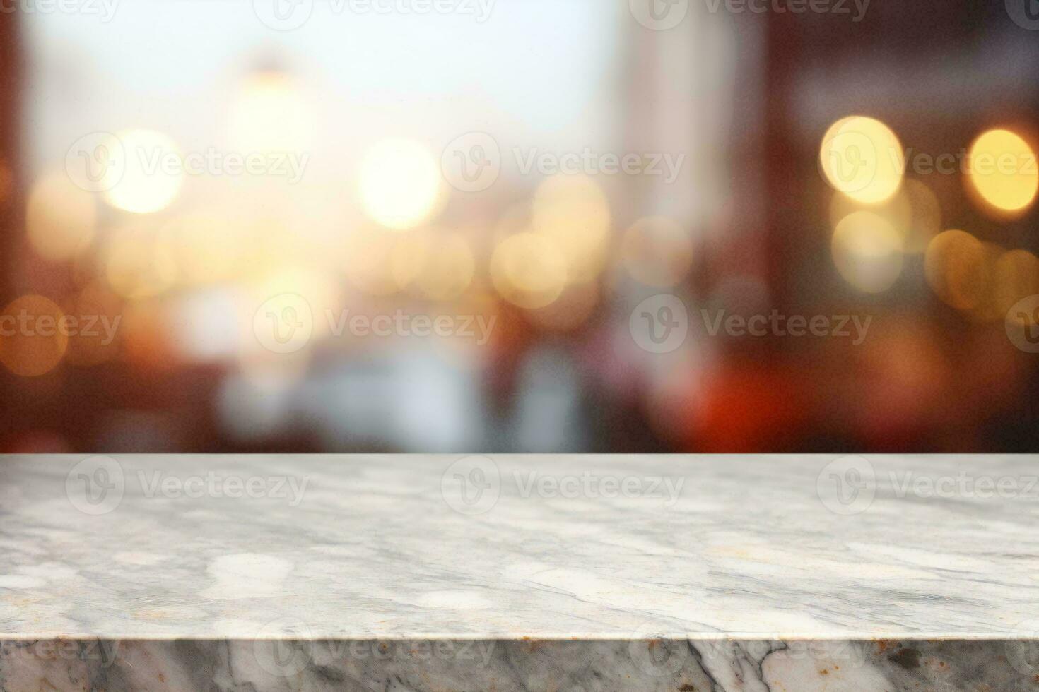 ai genererad tömma marmor tabell topp med lampor, bokeh suddig bakgrund foto