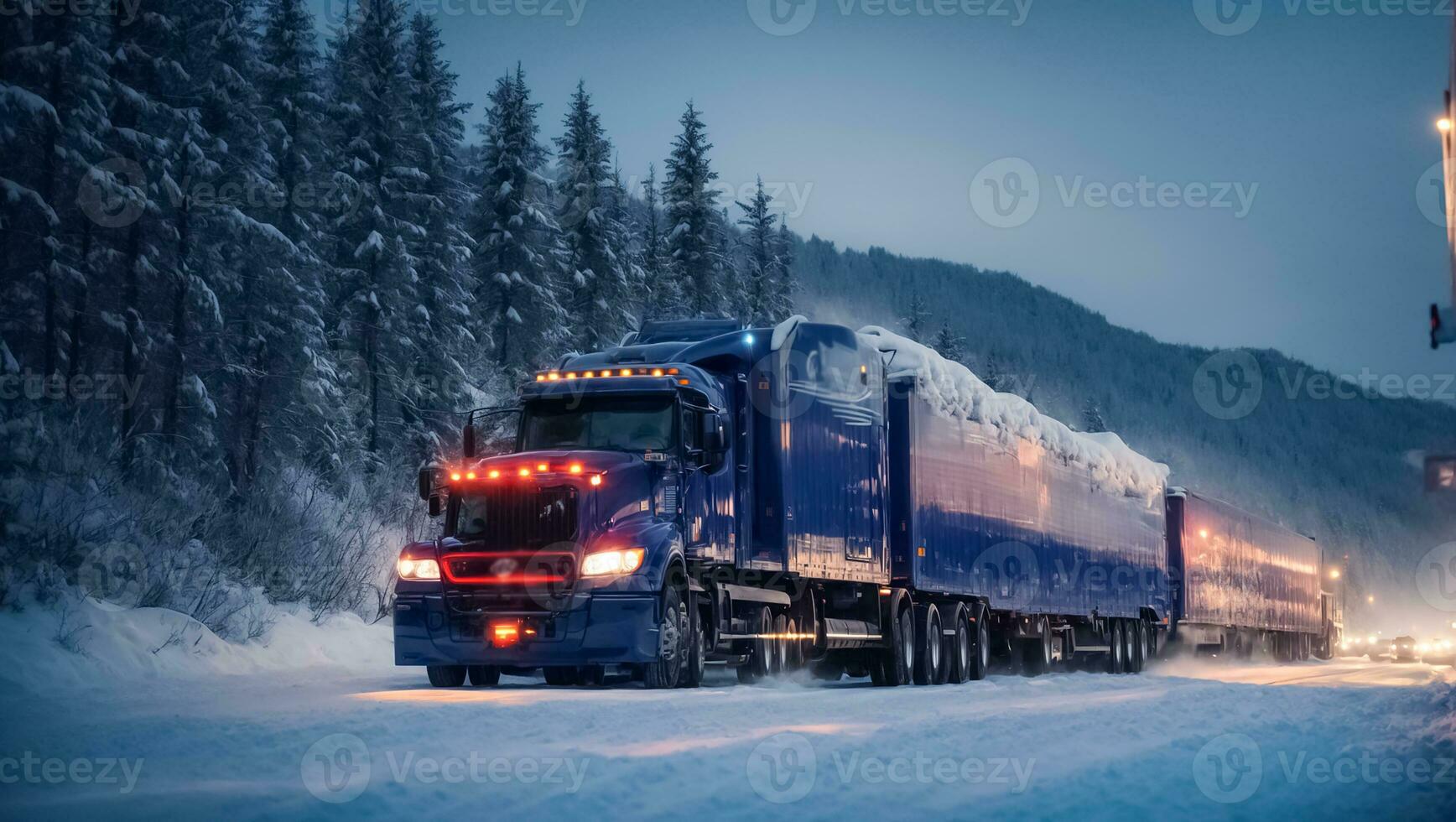 ai genererad lastbil körning på snöig väg på natt foto