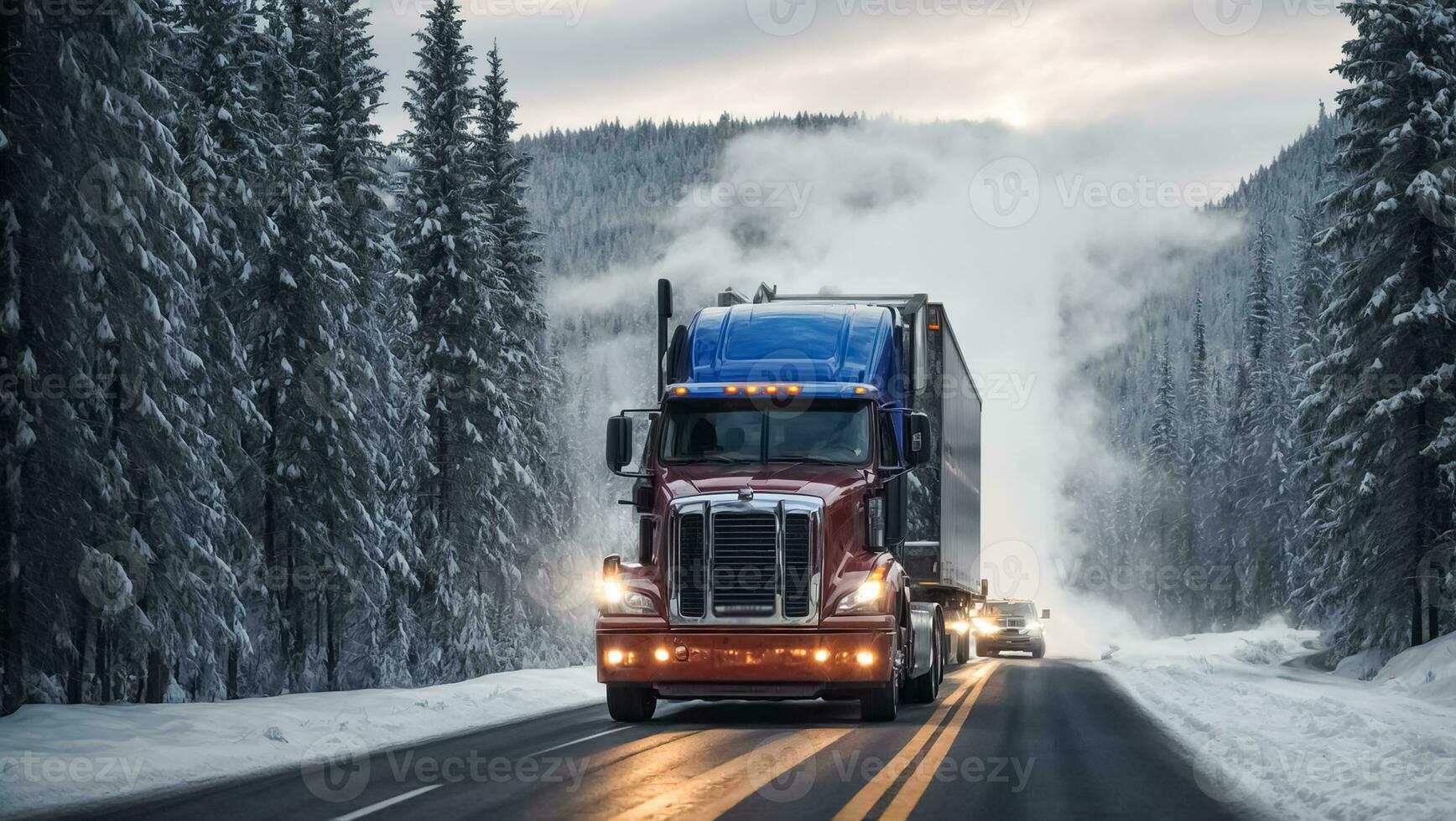 ai genererad lastbil körning längs en snöig väg under de dag foto