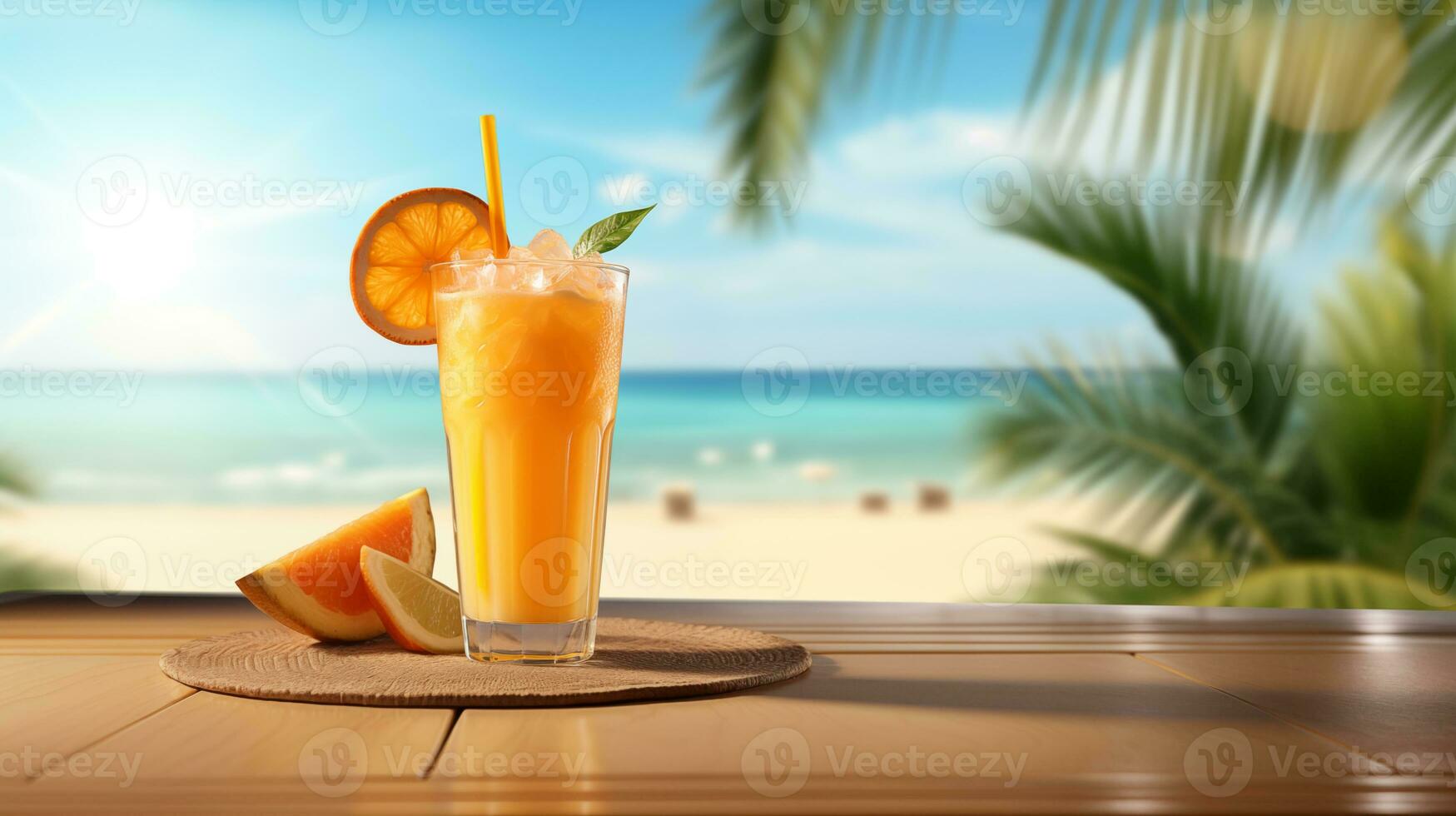 ai genererad orange cocktail illustration på skön strand bakgrund foto