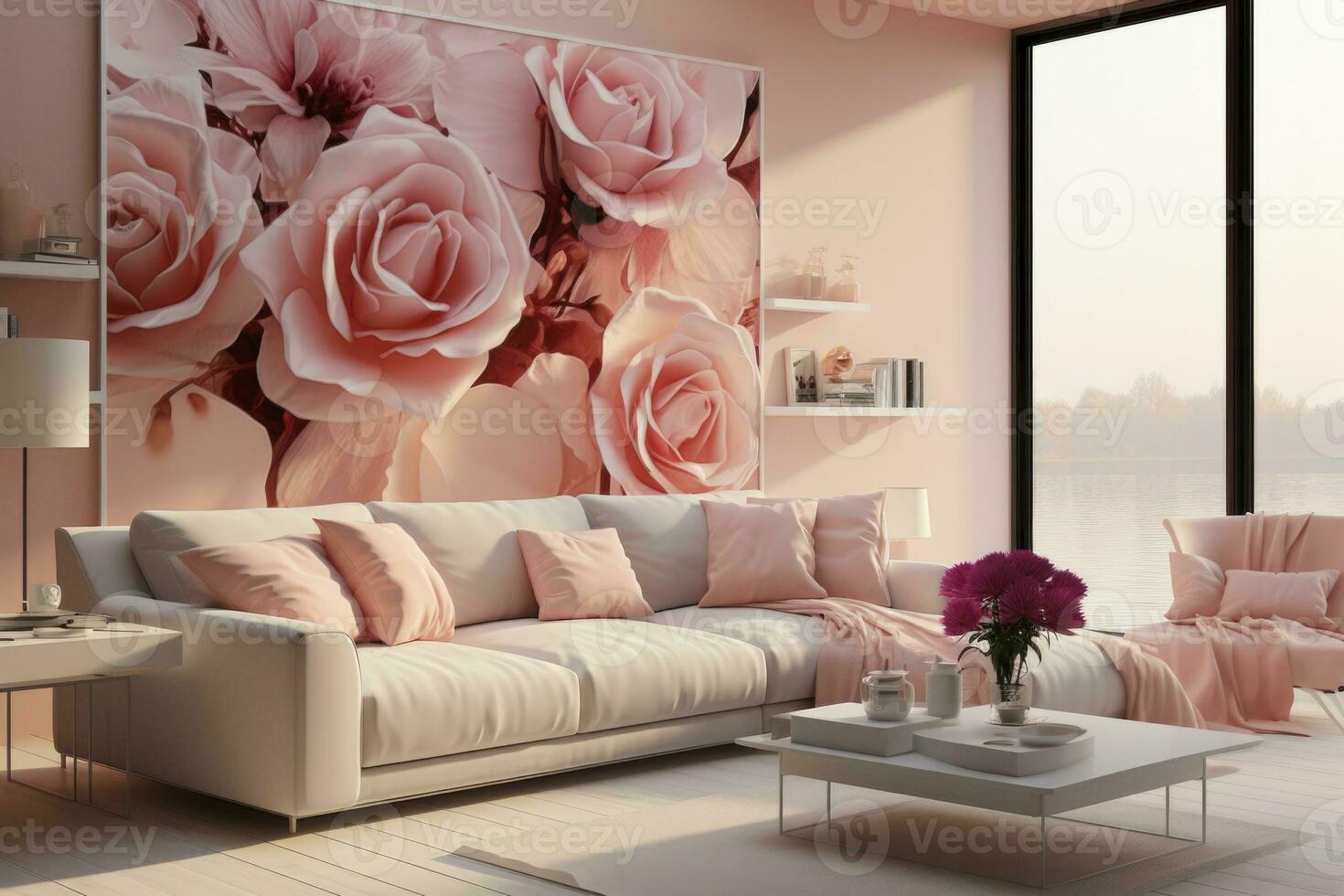 ai genererad i detta eleganta levande rum, de trendig persika Färg schema lägger till en Rör av värme och ludd foto