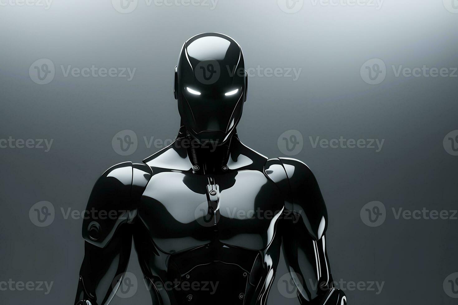 ai genererad humanoid robot med en svart metall kropp på en grå bakgrund foto