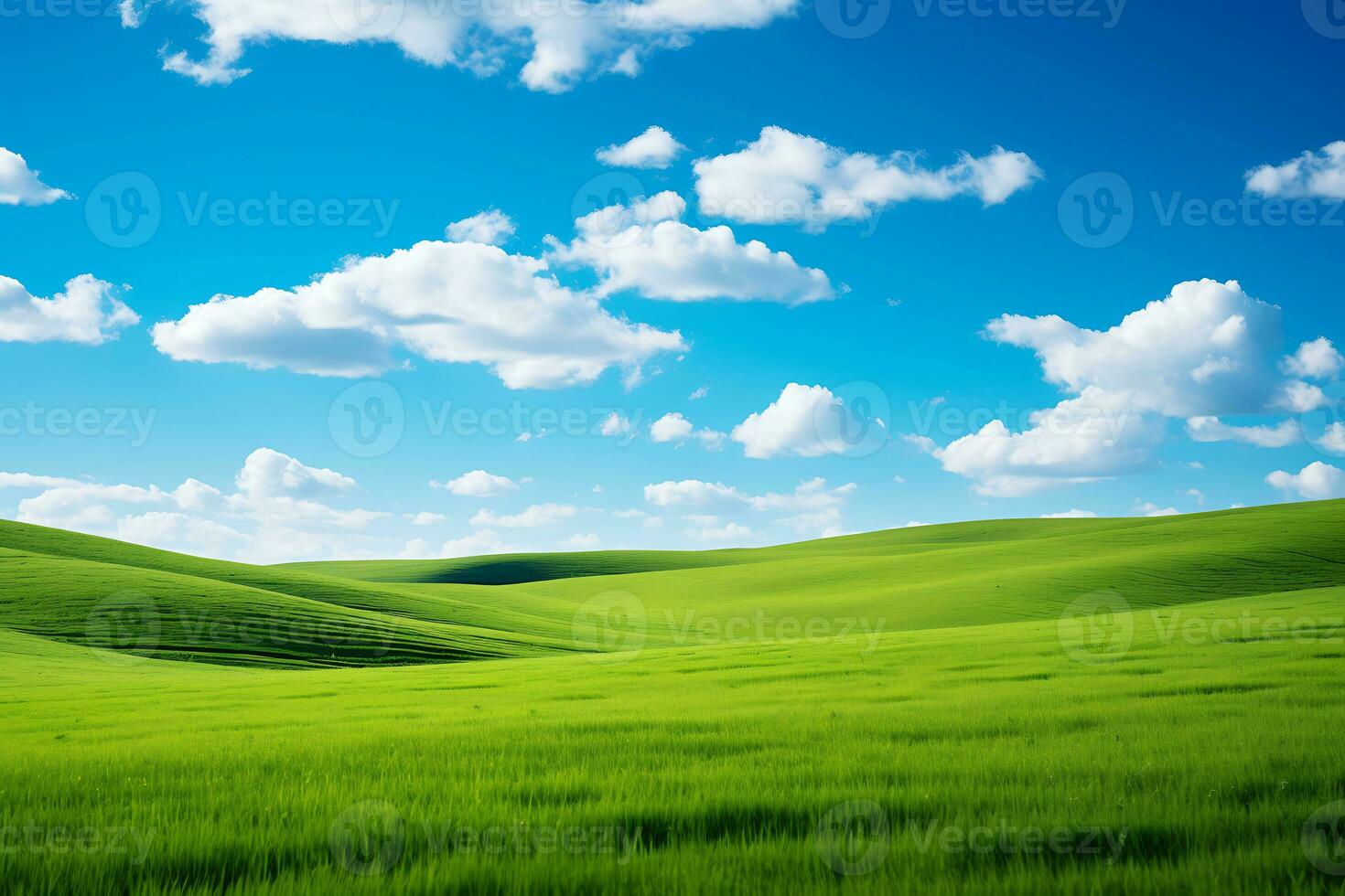 ai genererad vår grön fält och klar blå himmel foto