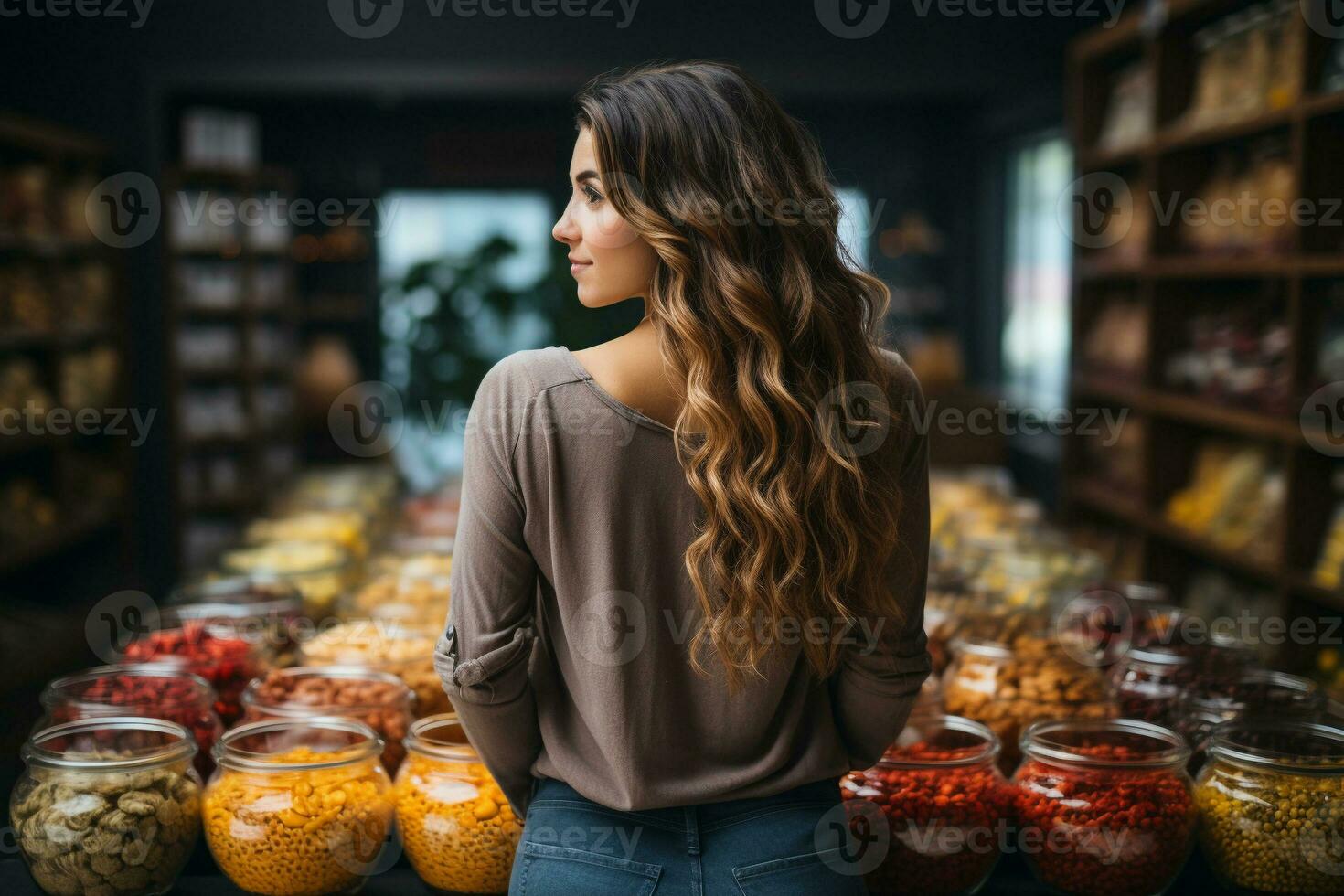 ai genererad en Foto av en skön ung amerikan kvinna handla i mataffär och uppköp specerier och mat Produkter i de Lagra. generativ ai.