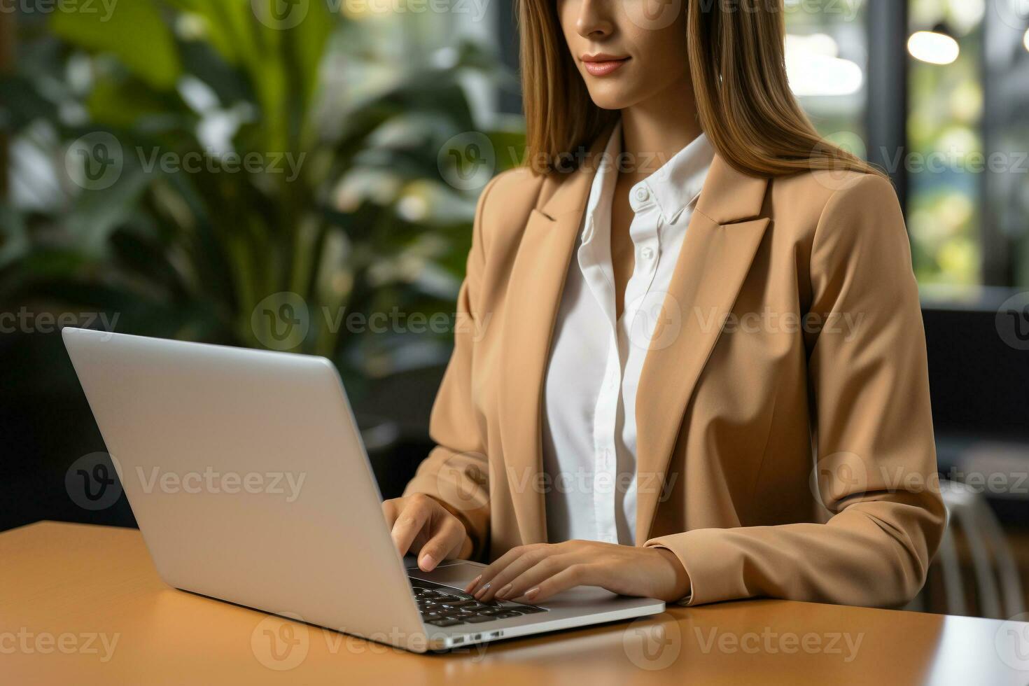 ai genererad stänga upp av företag kvinna händer skriver på bärbar dator dator, sökande och surfing de internet på kontor skrivbord, uppkopplad arbetssätt, distansarbete, frilansare på arbete begrepp. generativ ai. foto