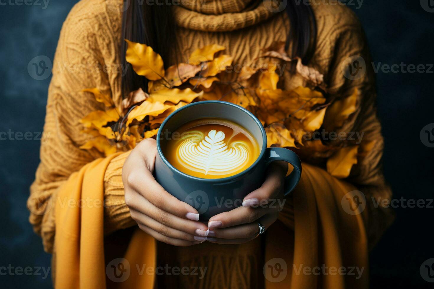 ai genererad kopp av kaffe och med kvinnas hand, falla löv på blå bakgrund. topp se. generativ ai. foto