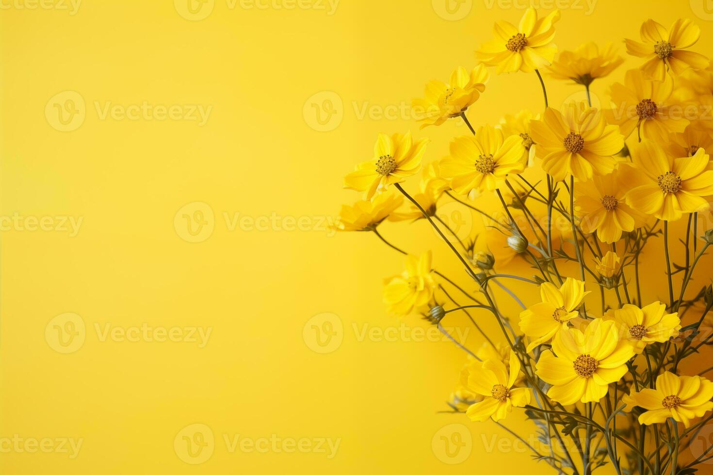 ai genererad skön gul blommor blomning på en gul bakgrund med Plats för text. foto