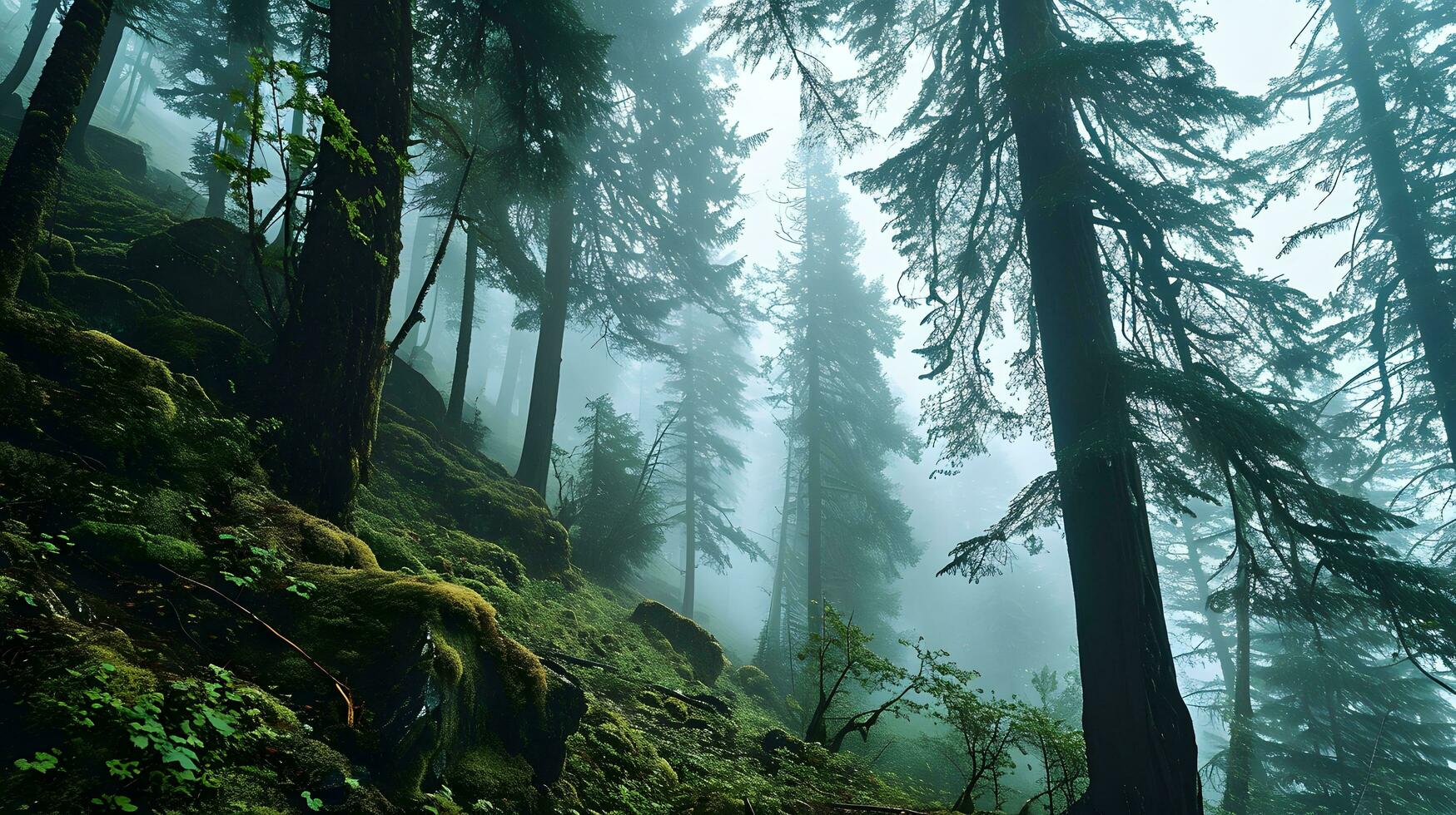 ai genererad förtäckt majestät av en dimmig berg skog foto