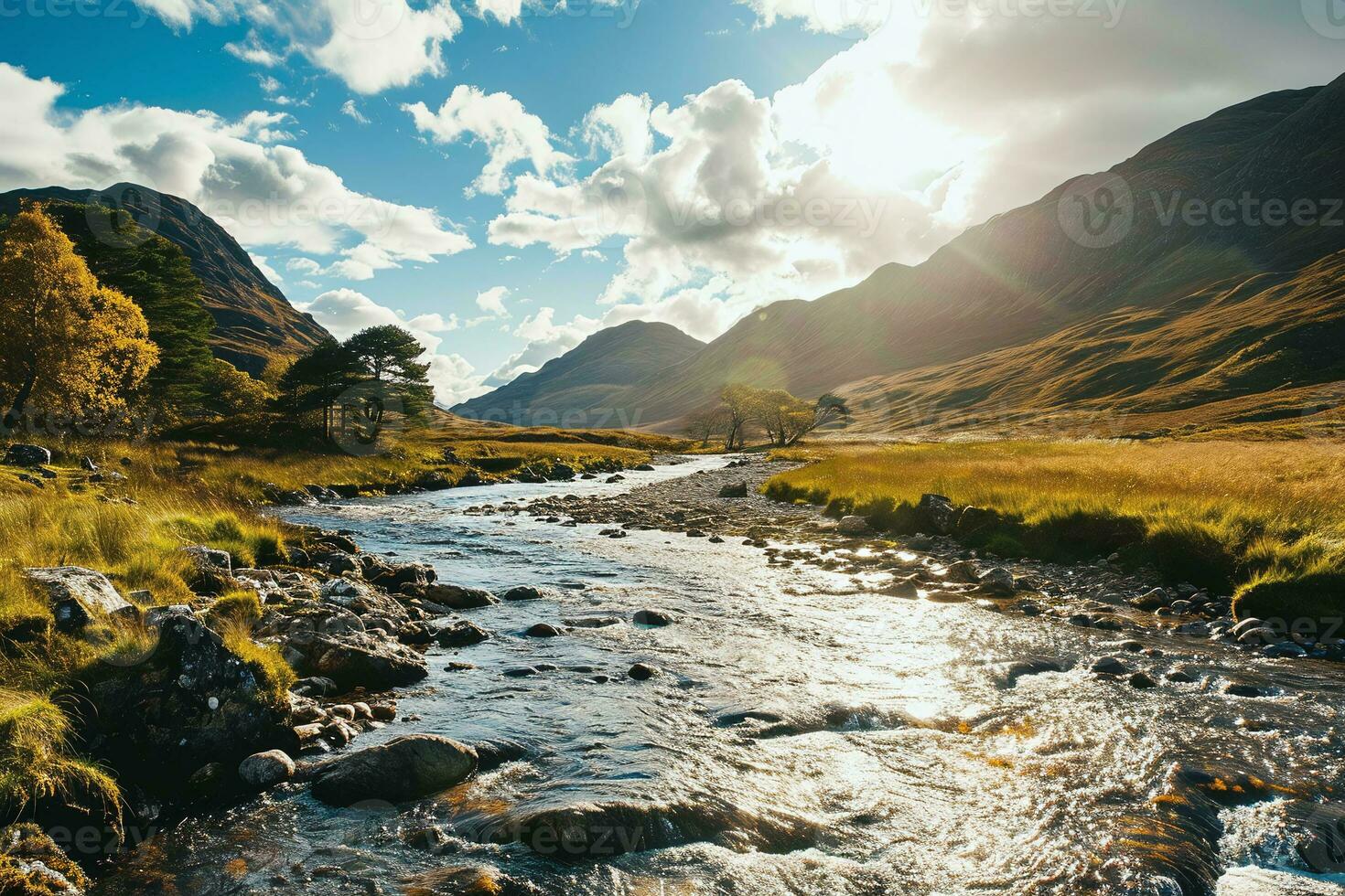 ai genererad fotografera av en små ström mitt i de berg. foto