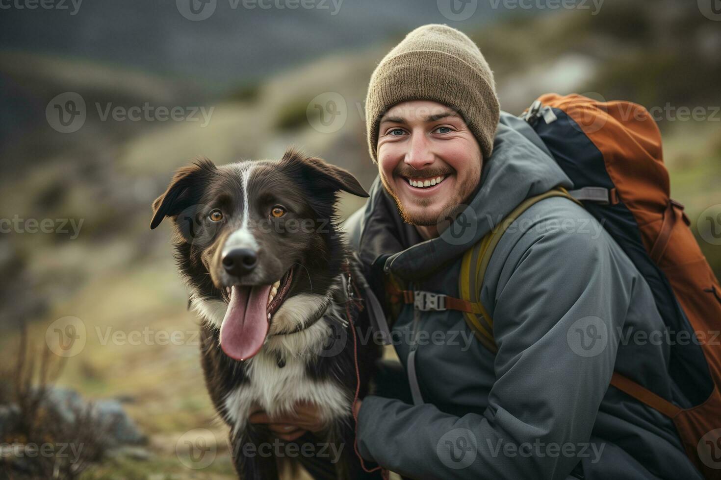 ai genererad en bild av en man vandring och hans favorit hund. foto