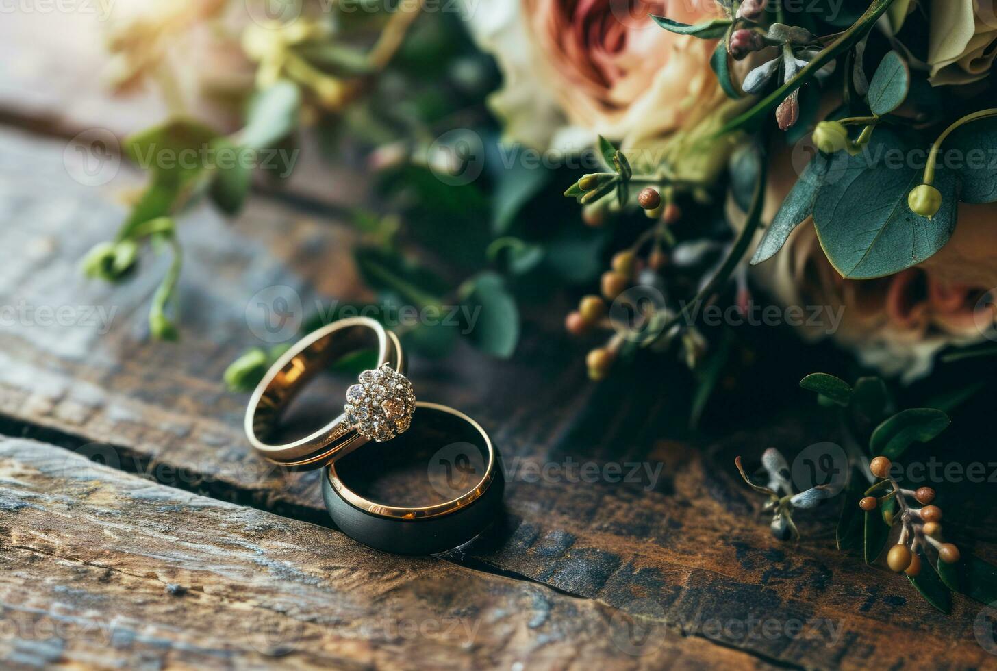 ai genererad diamant bröllop ringar Smycken och blommor bukett för de bröllop engagemang och smekmånad foto