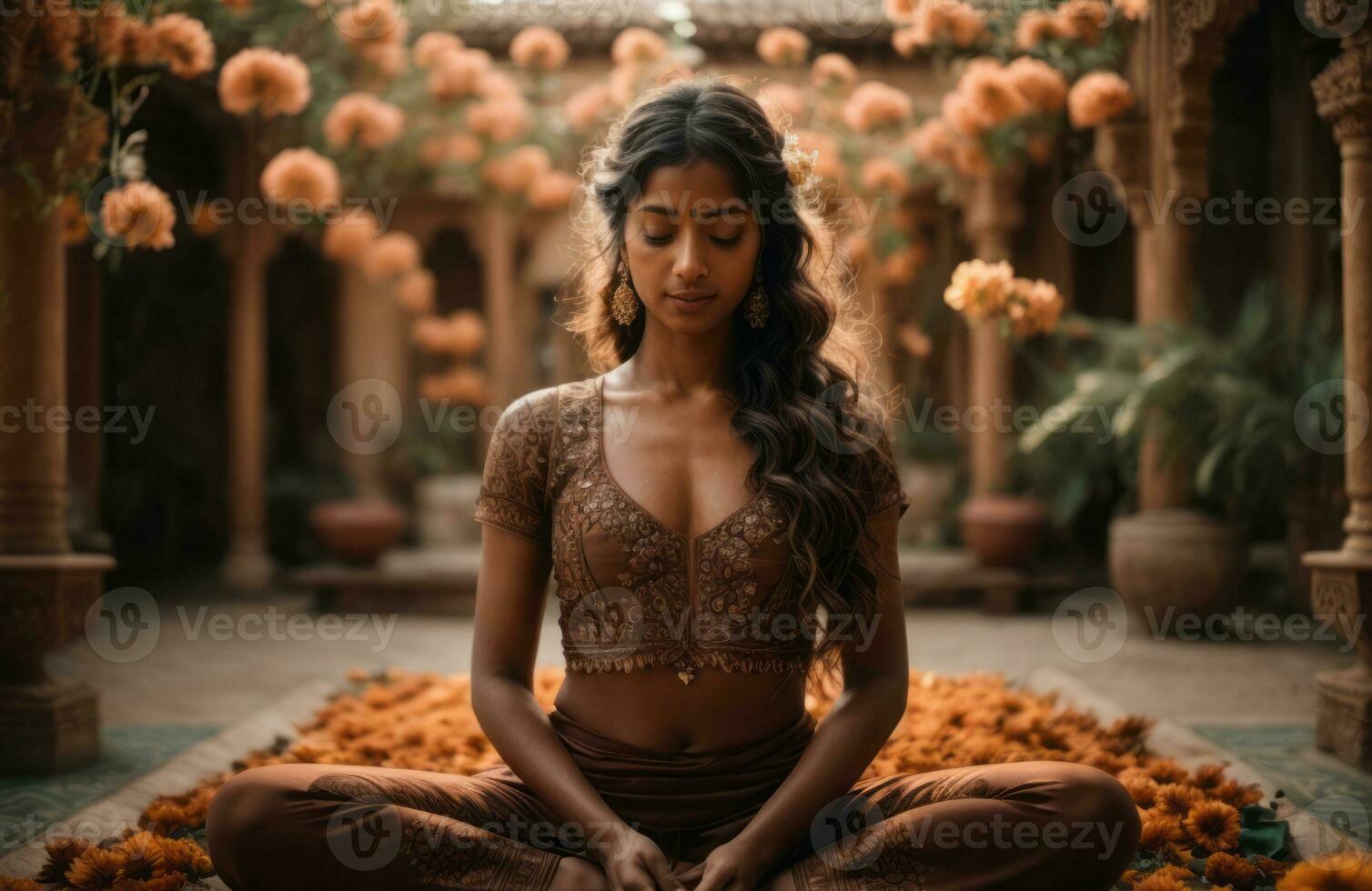 ai genererad skön andlig meditation i indisk tempel förbi attraktiv ung kvinna foto