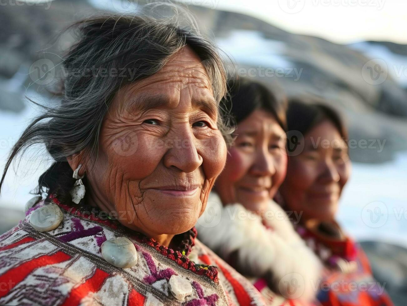 ai genererad leende inföding inuit inhemsk människor av Grönland klädd i färgrik inföding kläder foto