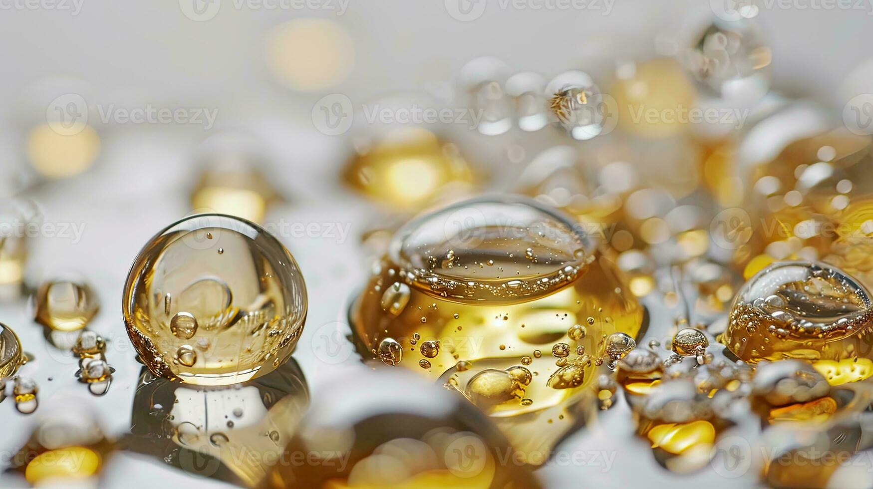 ai genererad gyllene hudvård olja droppar med luft bubblor på vit bakgrund foto