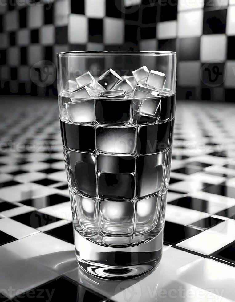 ai genererad halvfull glas på checkerboard bakgrund foto