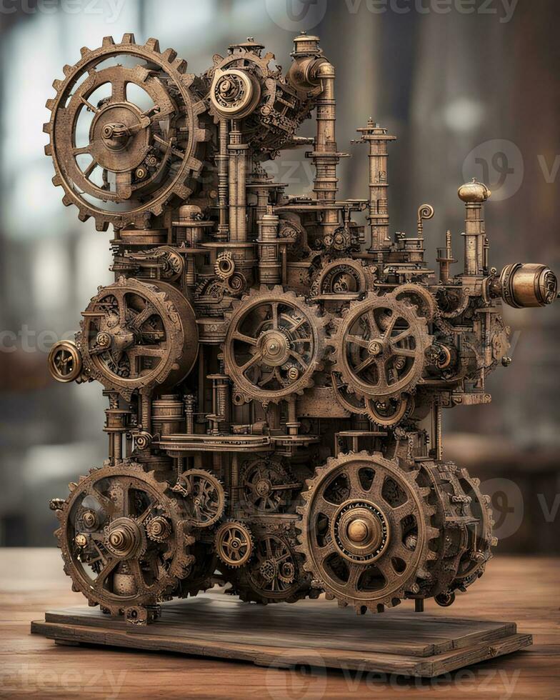 ai genererad brons steampunk maskin på trä- tabell foto