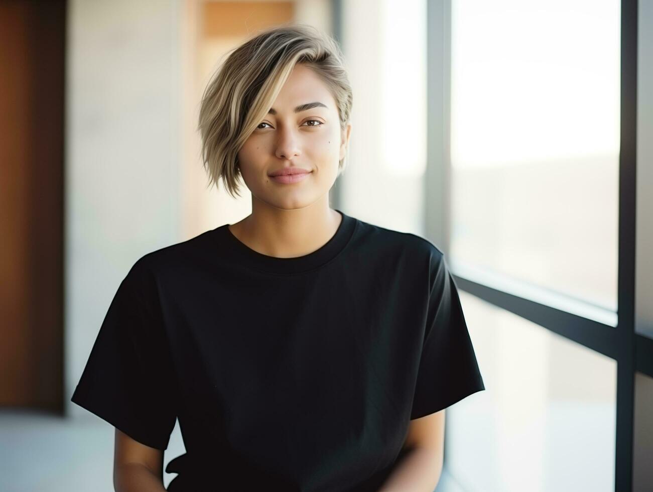 ai genererad attraktiv ung kvinna bär tom tömma oversize svart t-shirt attrapp för design mall foto