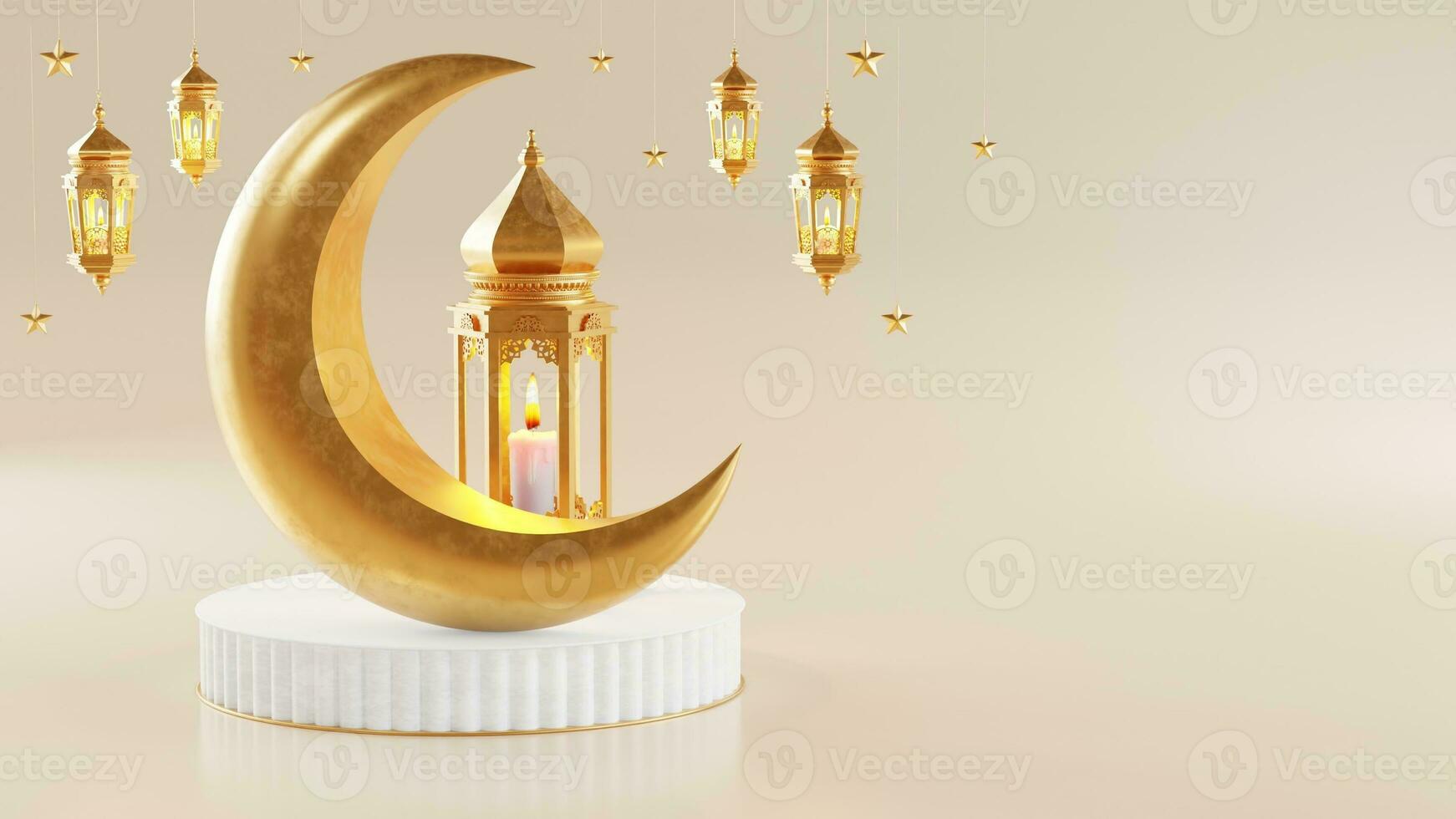 3d ramadan kareem podium med gyllene måne stjärna och lykta, moské dörr islamic mönster, arabicum kaffe pott, datum handflatan frukt, podium som lyx islamic bakgrund. dekoration för ramadan kareem. foto