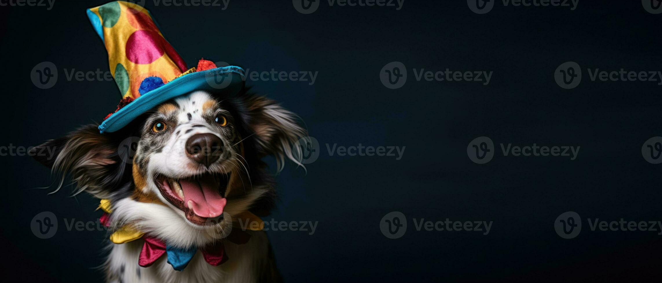 ai genererad horisontell baner, rolig hund i en clown hatt, cirkus artist, tränad djur, plats för text foto