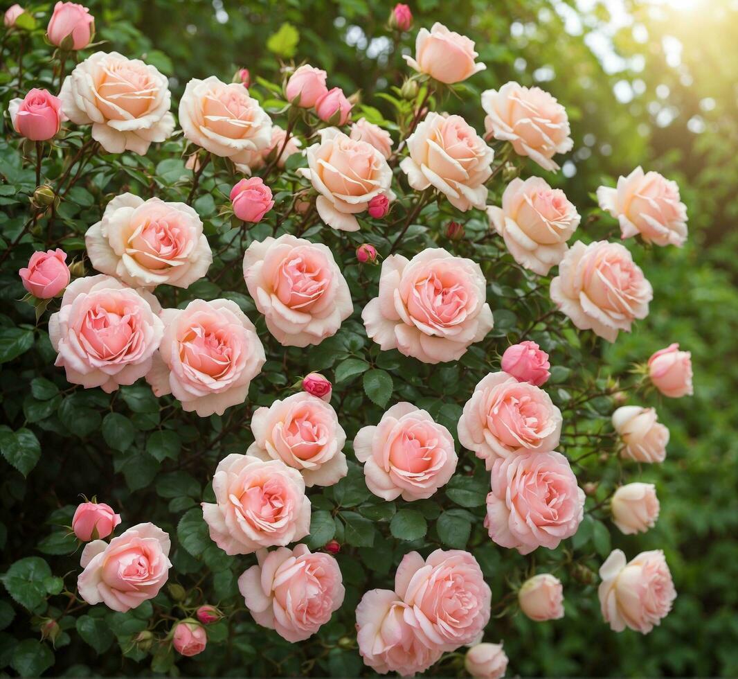 ai genererad skön rosa ro blomning i de trädgård. blommig bakgrund foto