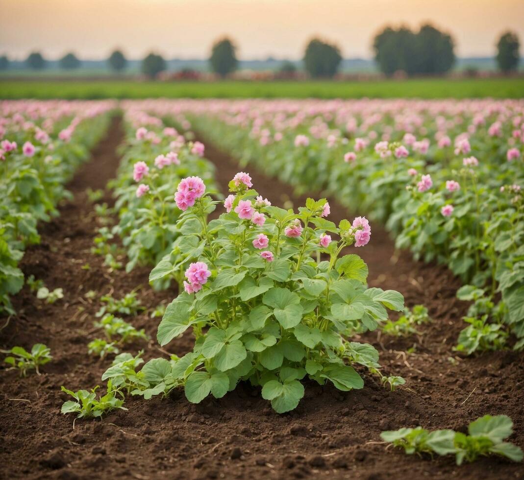 ai genererad potatis fält med blomning rosa blommor i solig sommar dag. foto